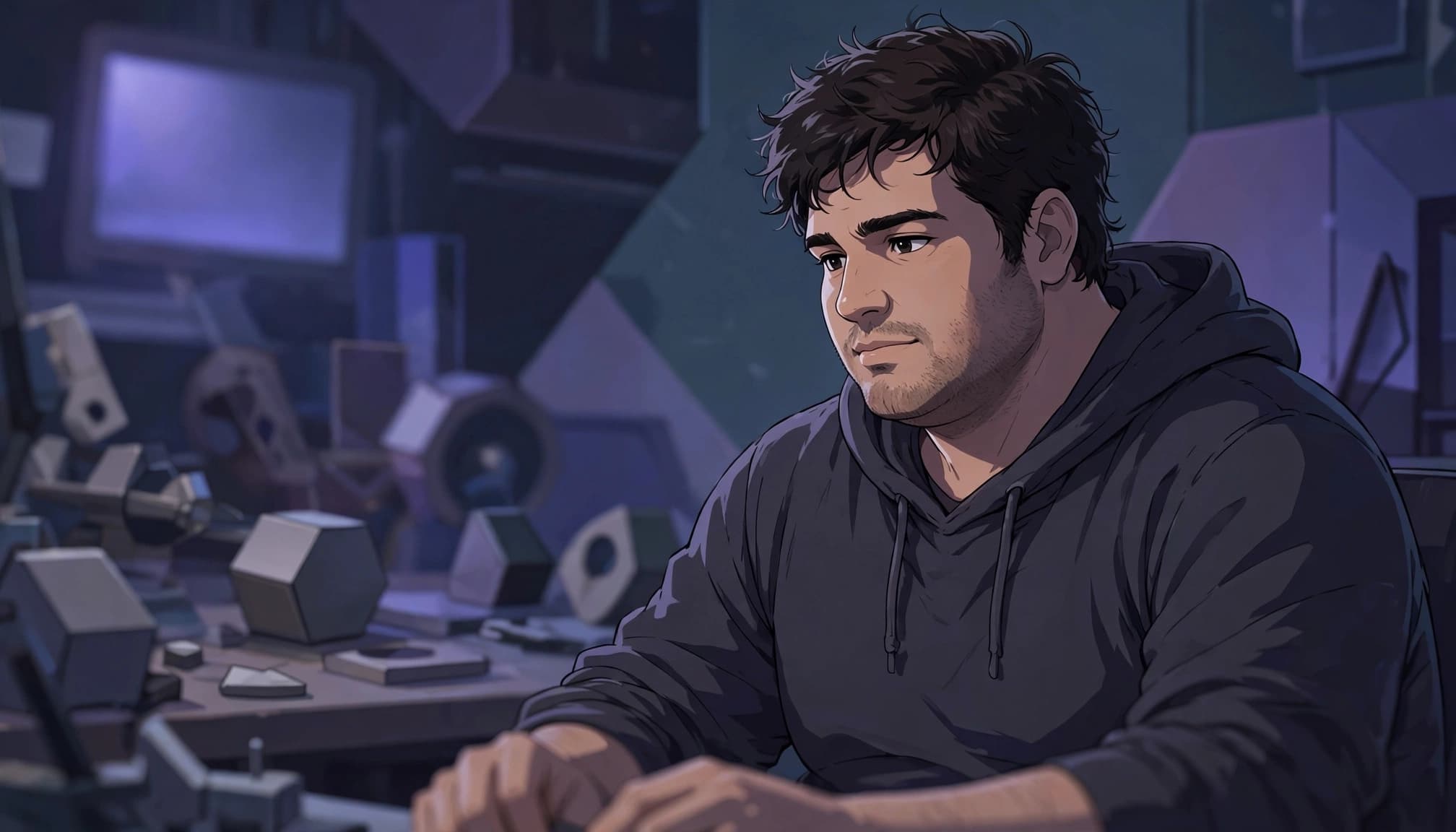 A broad-built man in a hoodie stands in a dim futuristic workshop.