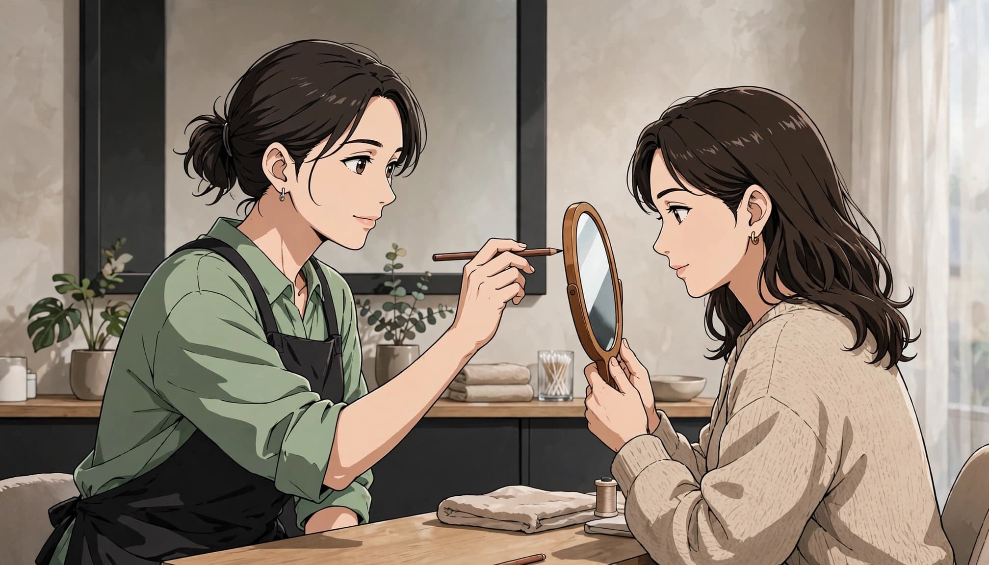 A brow artist indicates landmarks while her client checks a hand mirror.