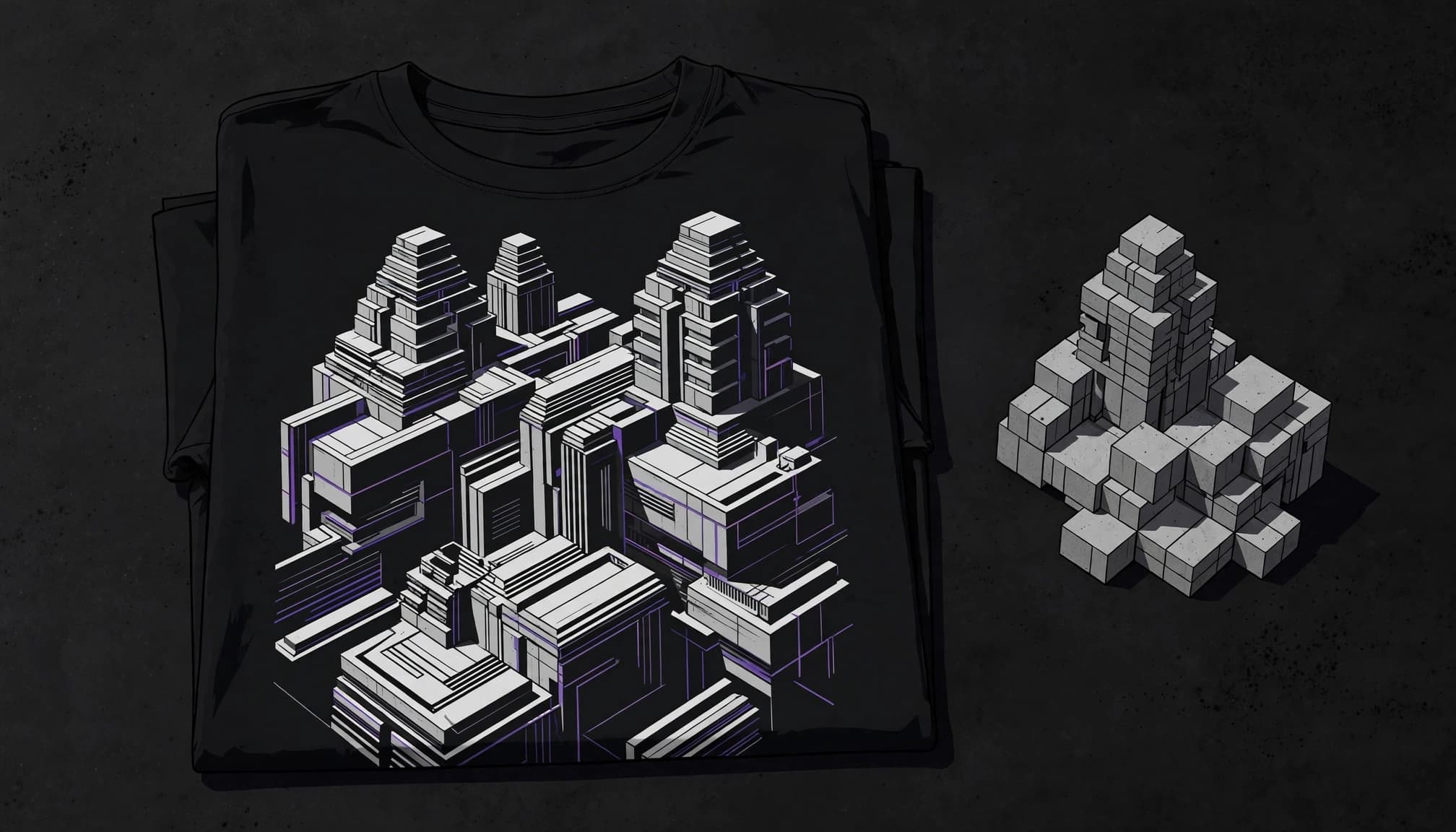 A folded black T-shirt with a brutalist tower print beside a small gray architectural model.