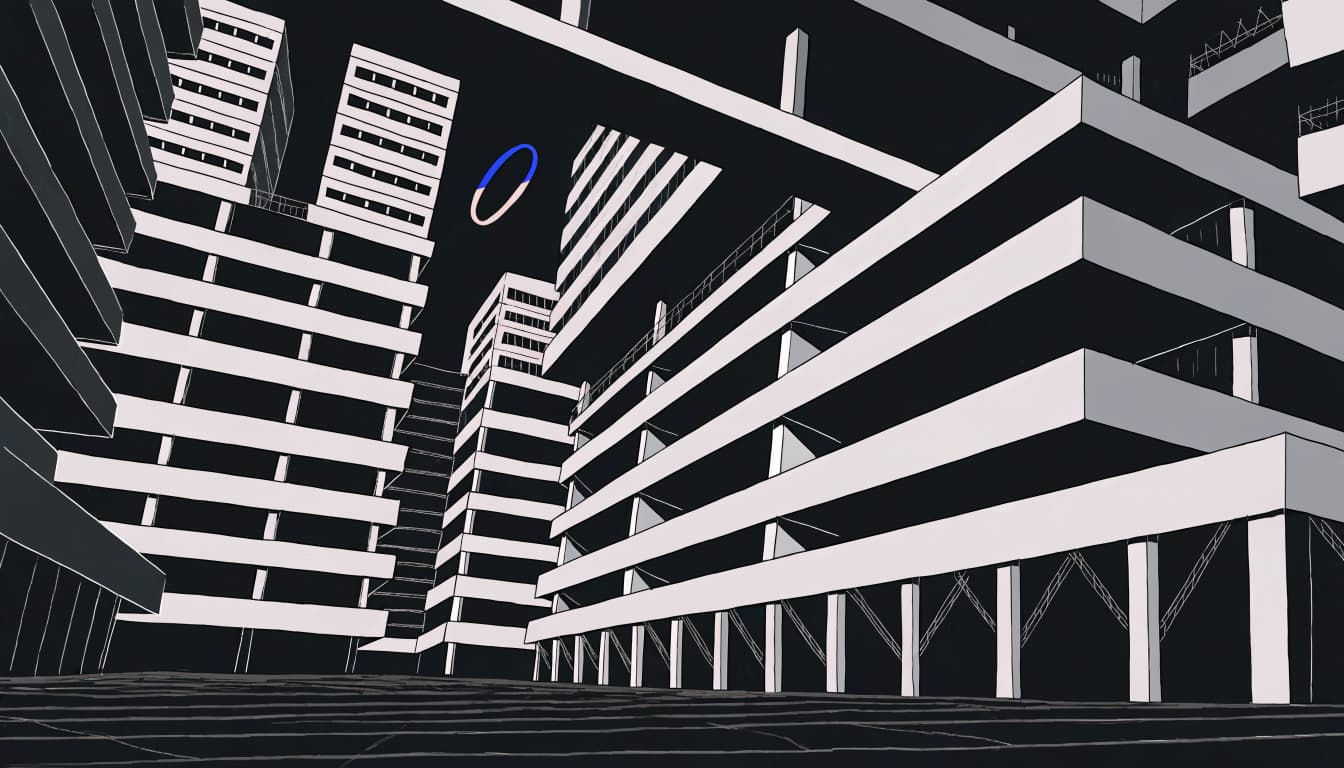 Concrete towers frame a small bright signal shape in a stark city plaza.