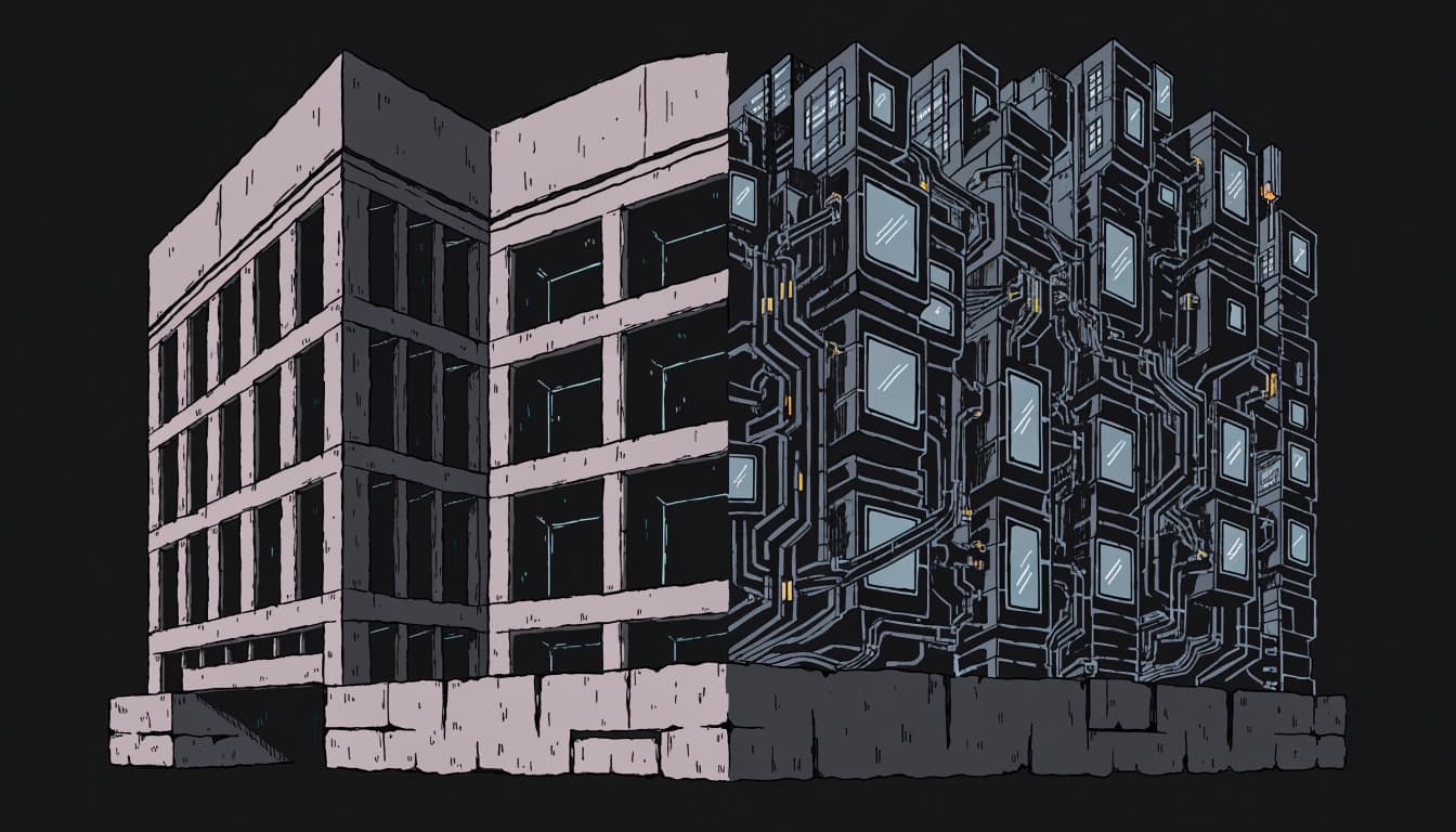 A concrete civic building faces a compact city block with cables and glowing panels.
