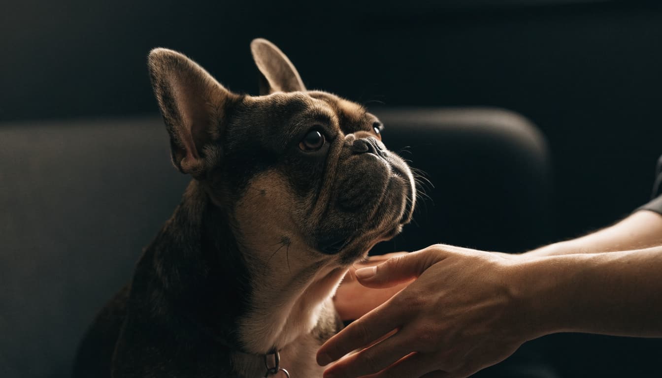 A French Bulldog receives a gentle checkup in a dim veterinary exam room.