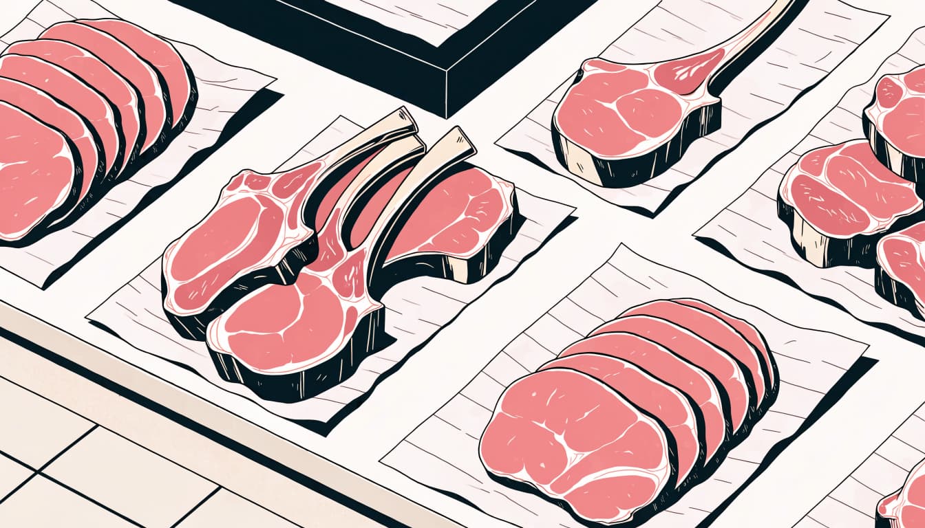 Thin pork cutlets and thicker bone-in and boneless chops arranged on butcher paper.