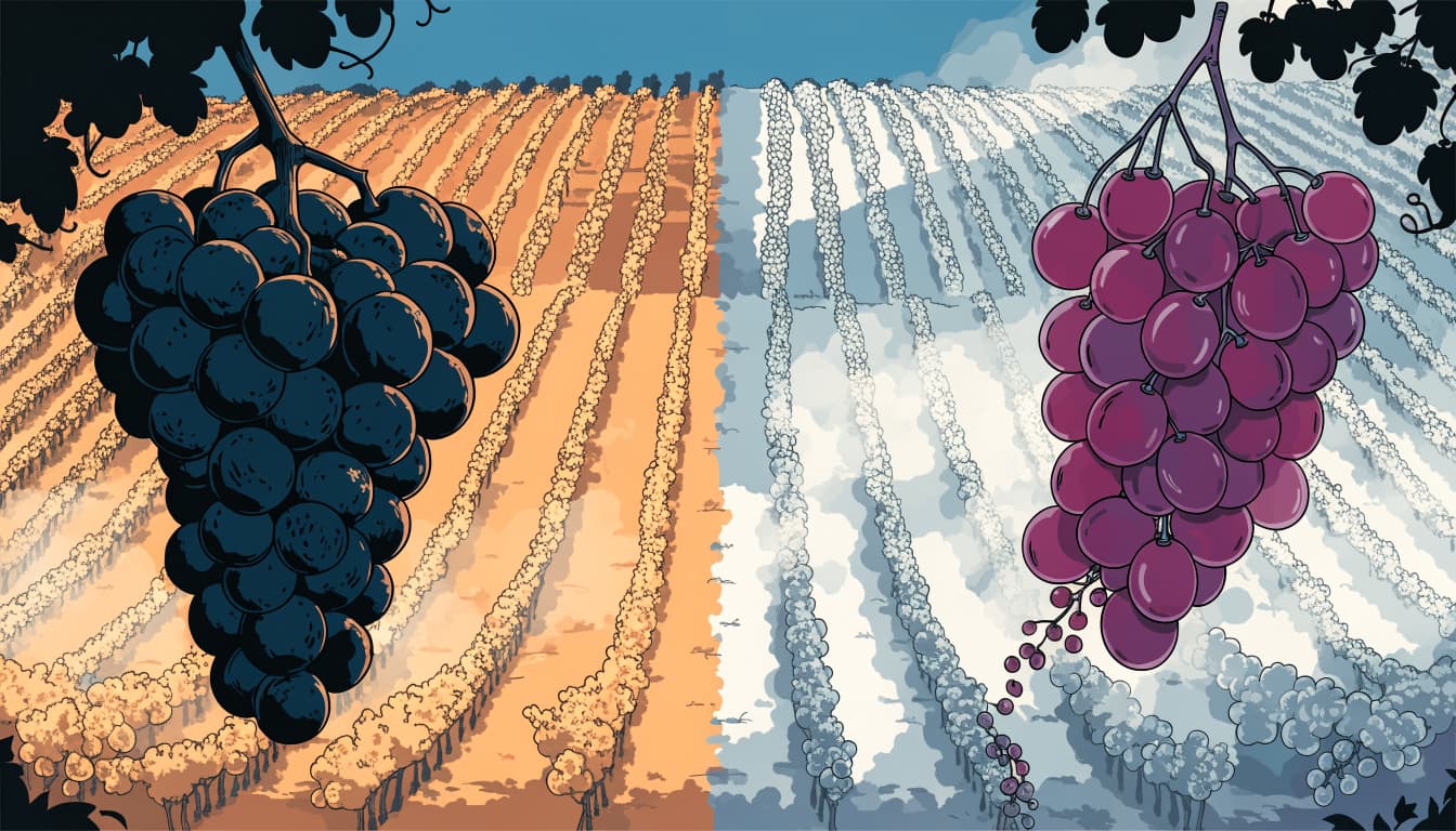 Dark Cabernet grapes and red-purple Pinot grapes sit before contrasting vineyard slopes.