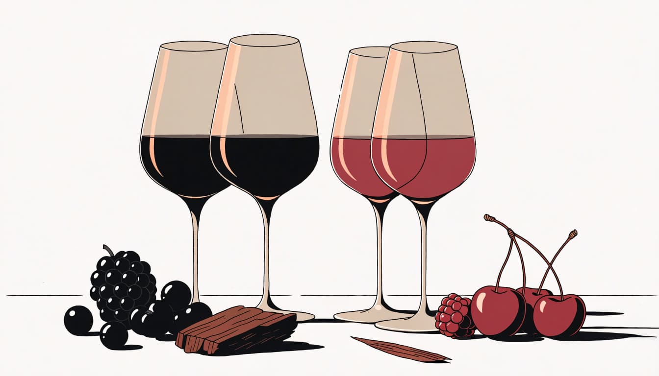 Two red wines are arranged with dark berries, red fruit, and a cedar shaving.
