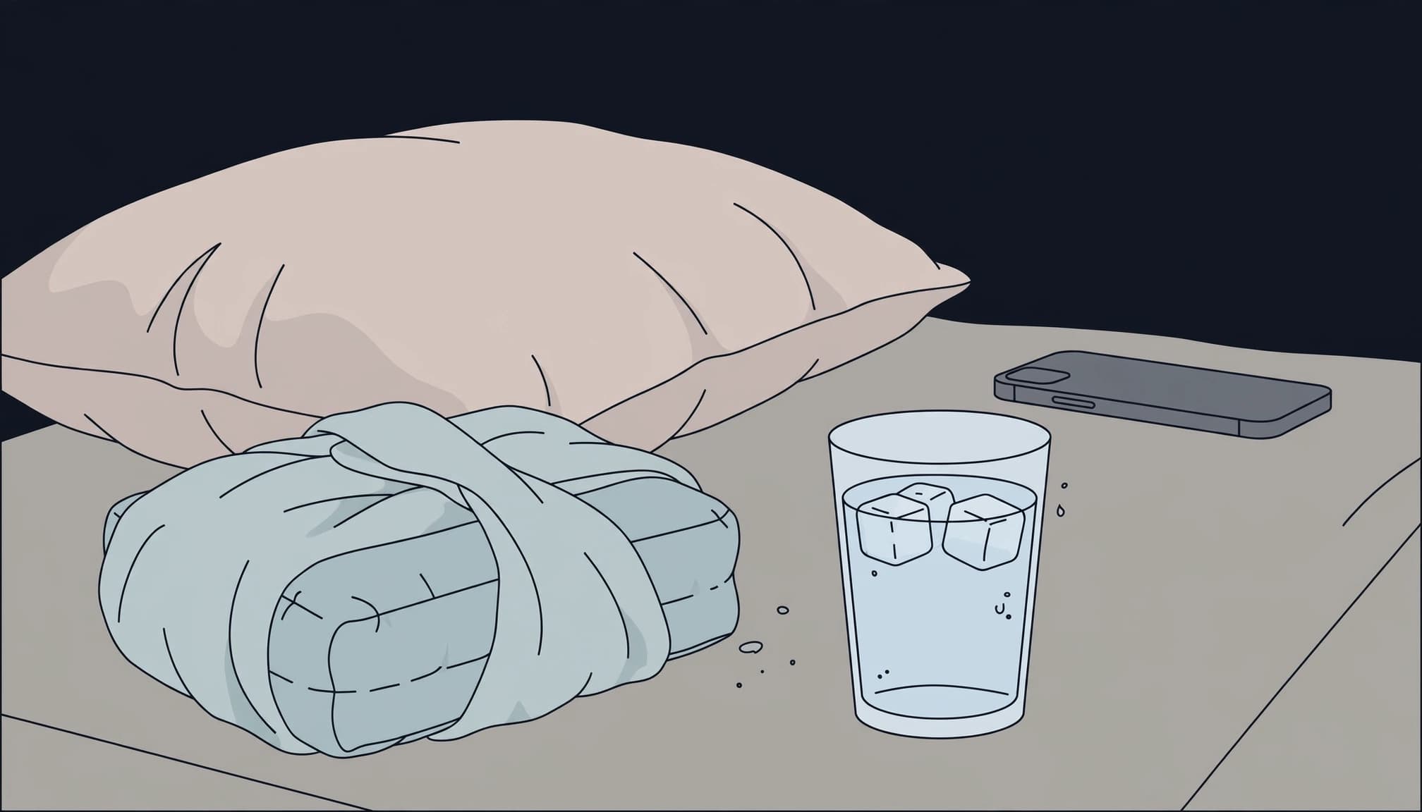 A cold pack, glass of water, pillow, and phone rest on a tidy bedside table.