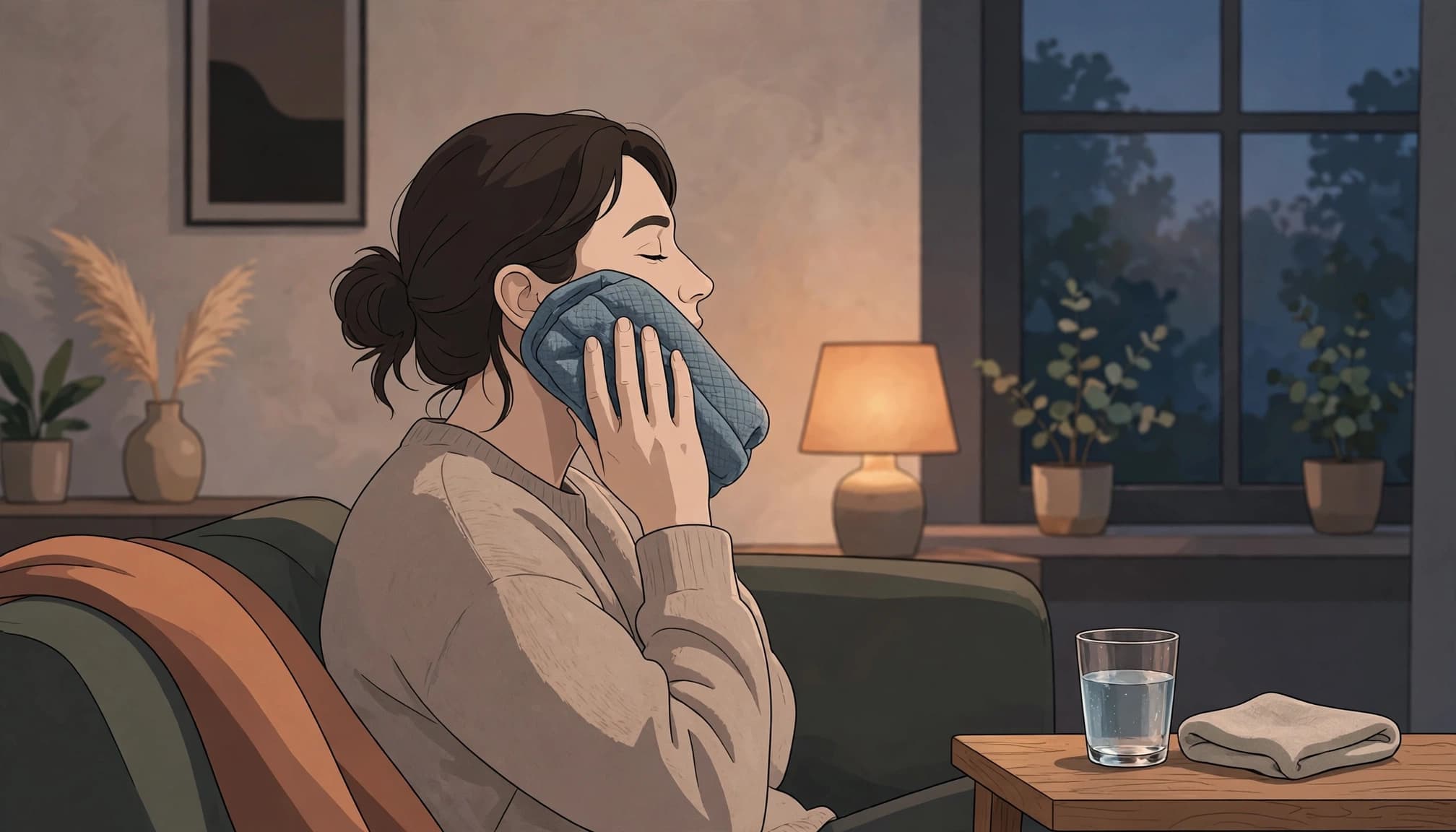 Person resting with a cold pack on their cheek and water nearby.