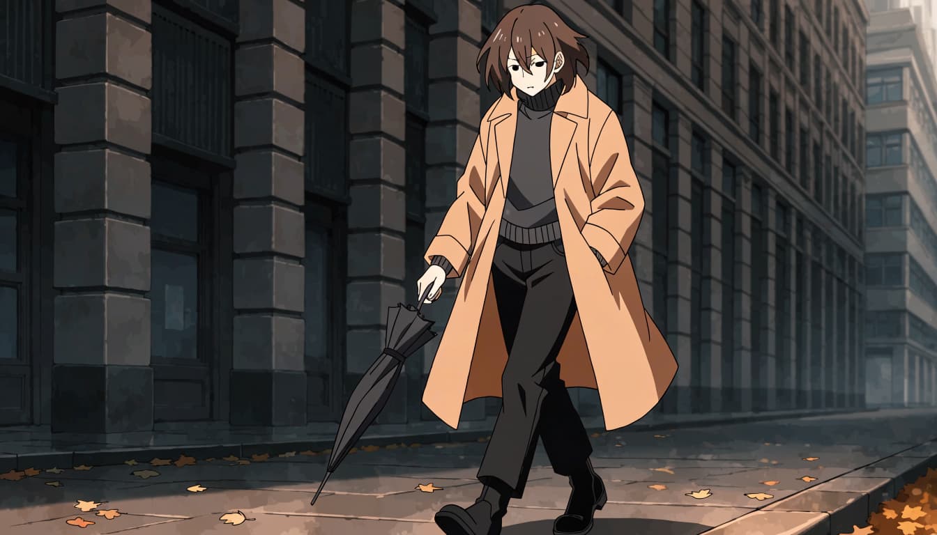 A person in black trousers and a camel coat walks under an umbrella on a wet sidewalk.