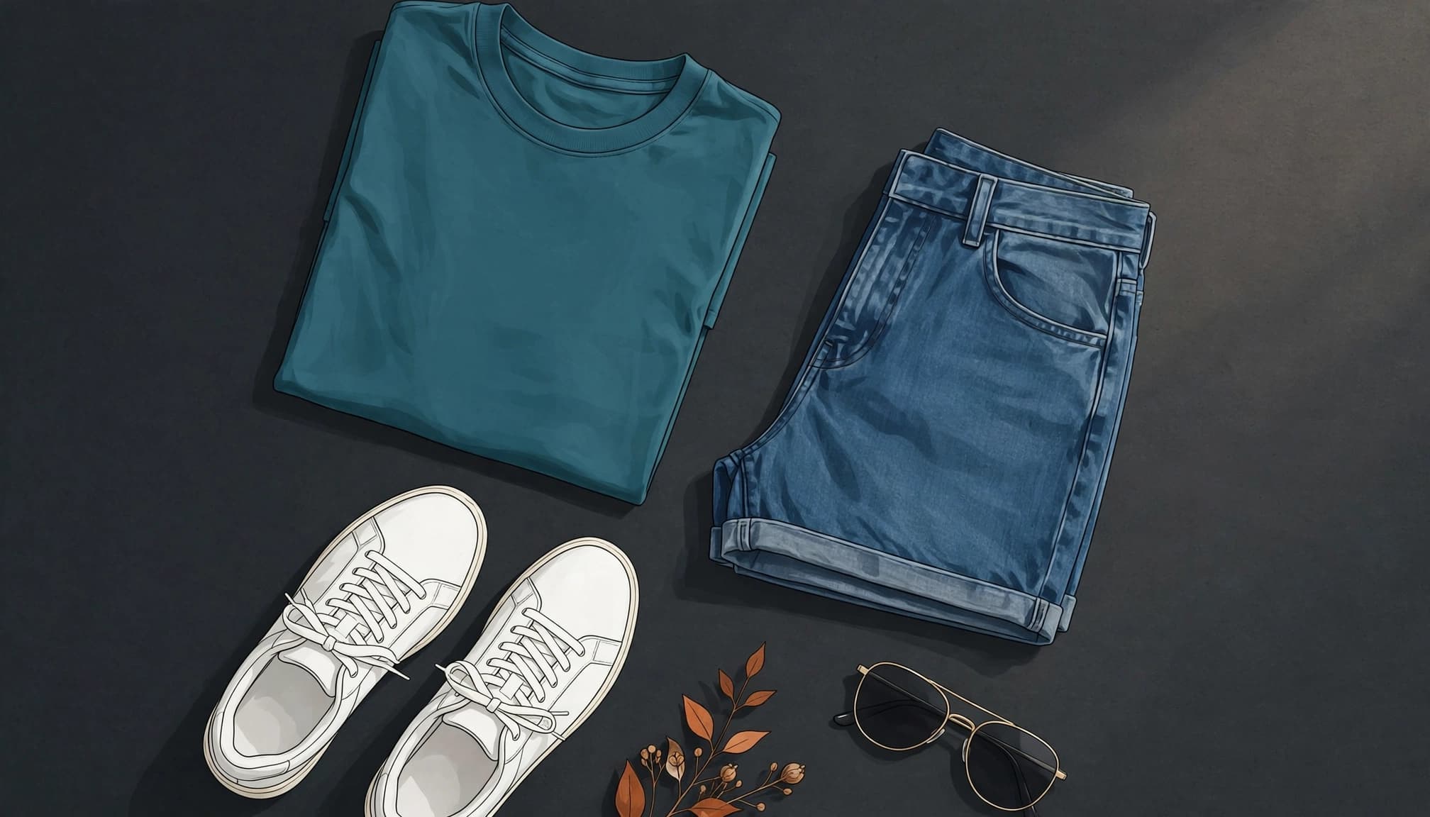 A campus outfit with a bright T-shirt, denim shorts, white sneakers, and sunglasses.