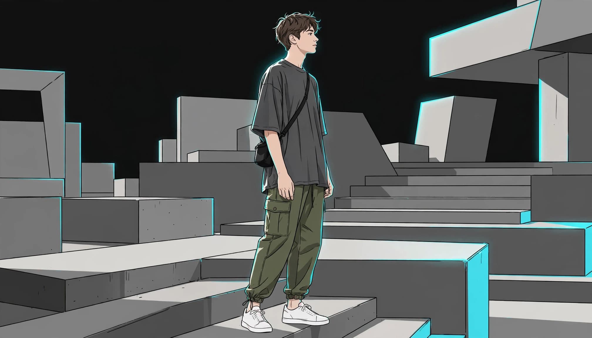 Young adult in an oversized gaming shirt and cargo pants on campus steps.