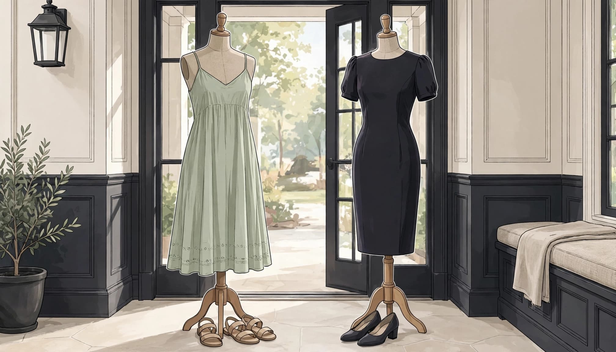 Two mannequins display a sundress and a cocktail dress in a bright entryway.