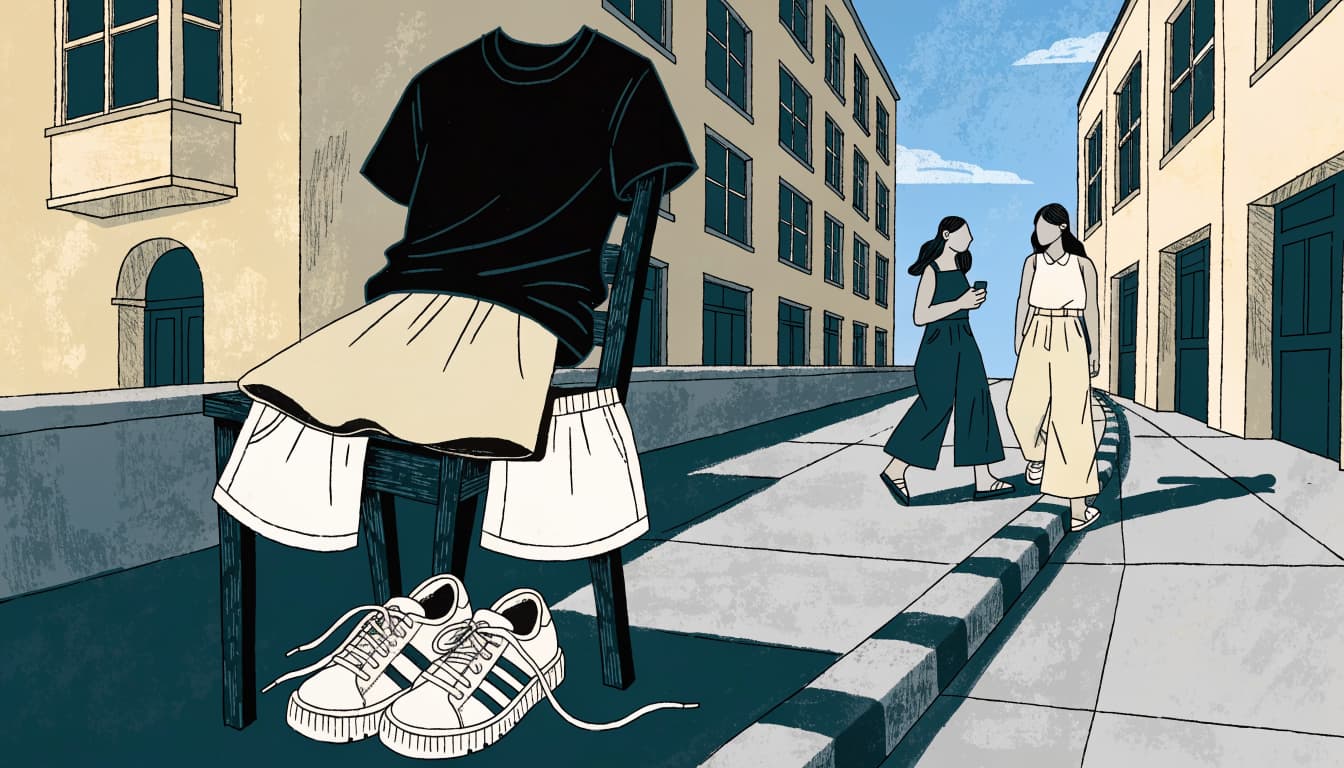 A T-shirt, skirt, shorts, and sneakers sit on a chair as two women walk nearby.