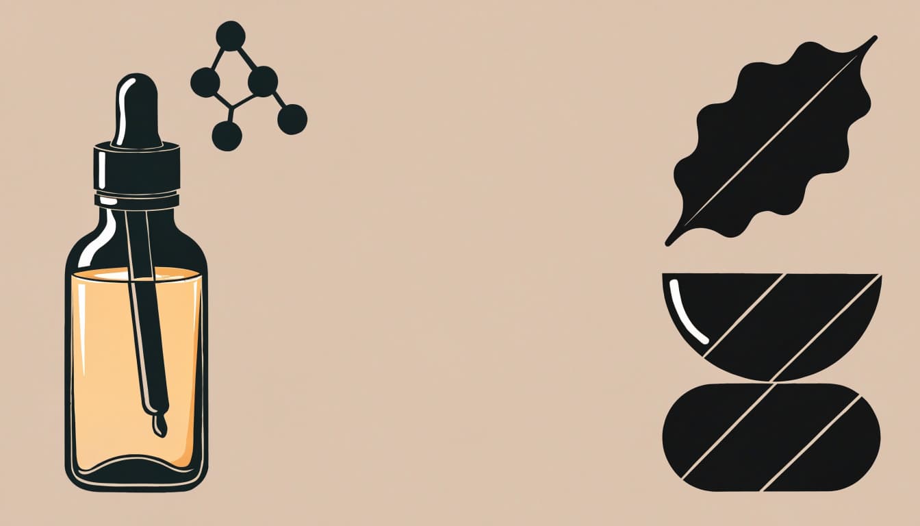 An amber bottle and molecular symbol face a hemp leaf and wellness objects.