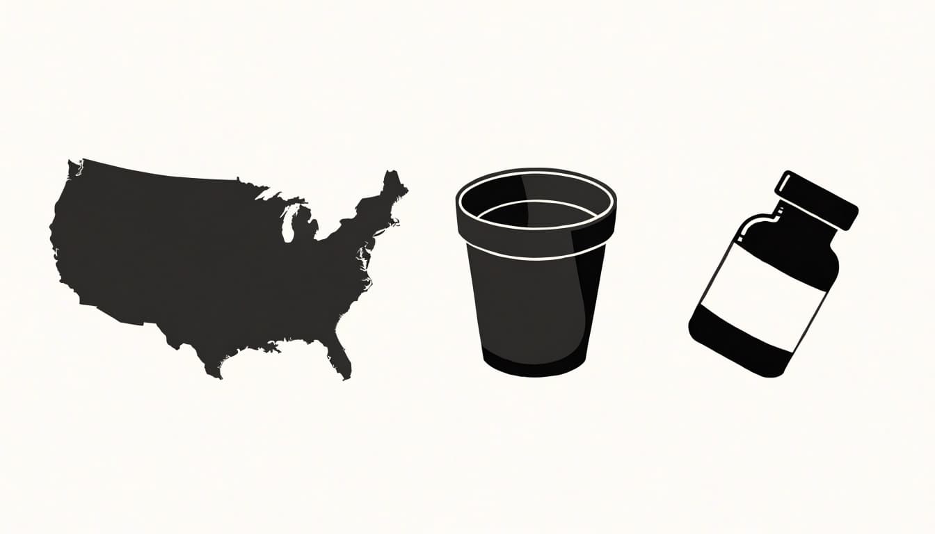 A state-shaped map, screening cup, and small medicine bottle arranged separately on a plain background.