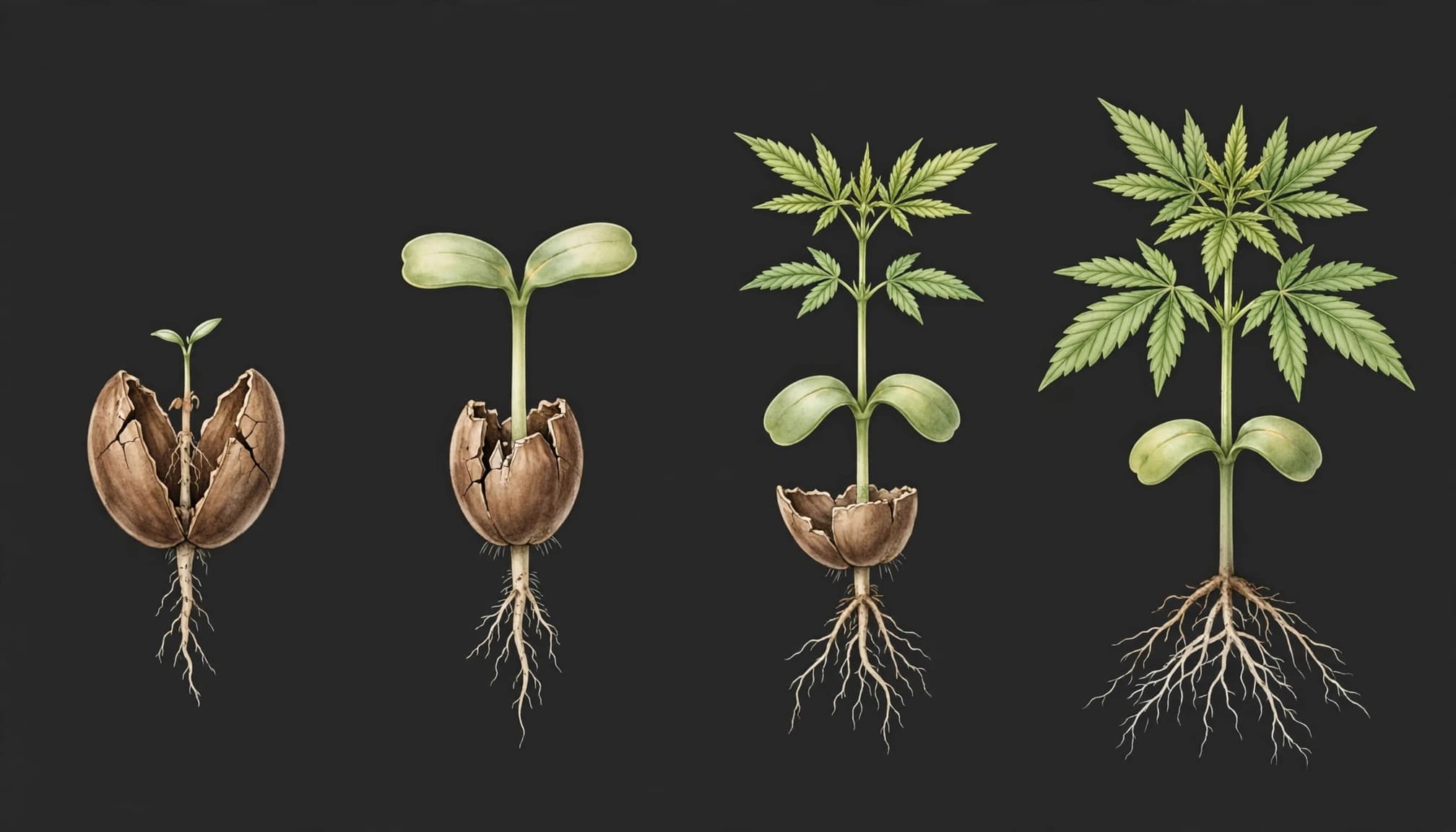 Four cannabis seedling stages arranged from a cracked seed to a bushy young plant.