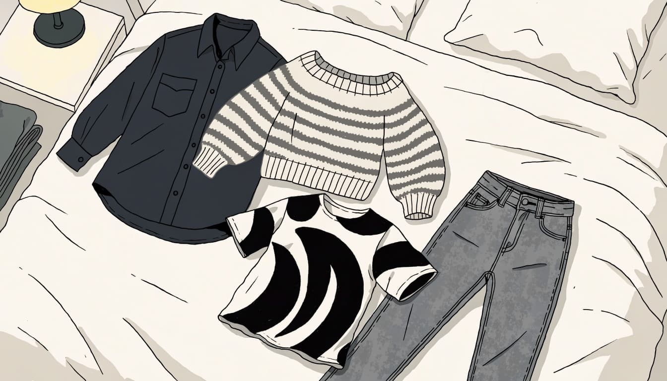 A shirt, sweater, graphic tee, and jeans arranged on a bed beside a lamp.