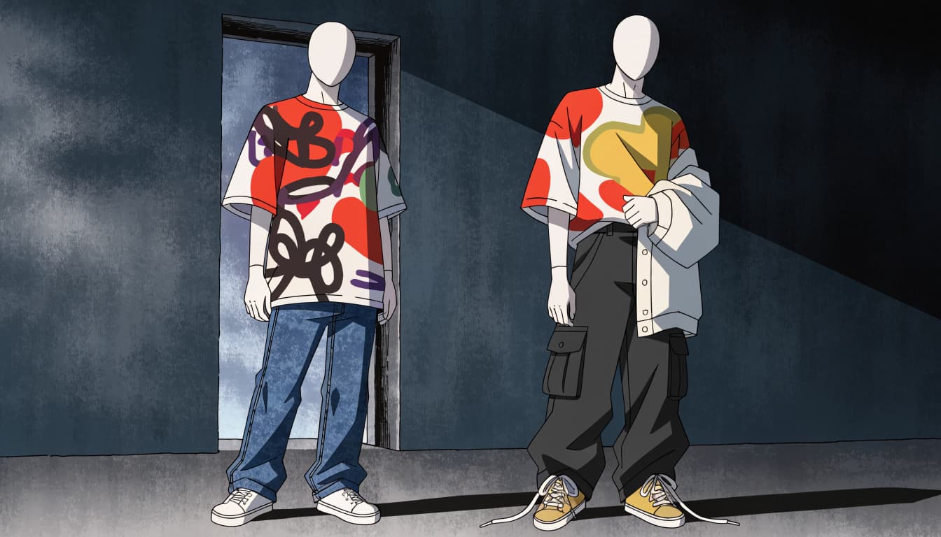 Two mannequins display graphic tees, open overshirts, jeans, cargo pants, and sneakers.