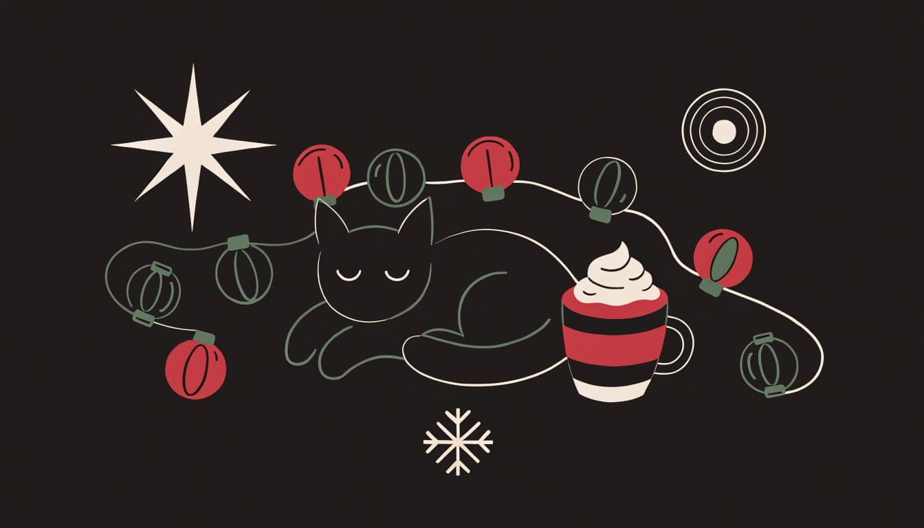 A small cat tangled in Christmas lights beside a cocoa mug, with stars and snowflakes.