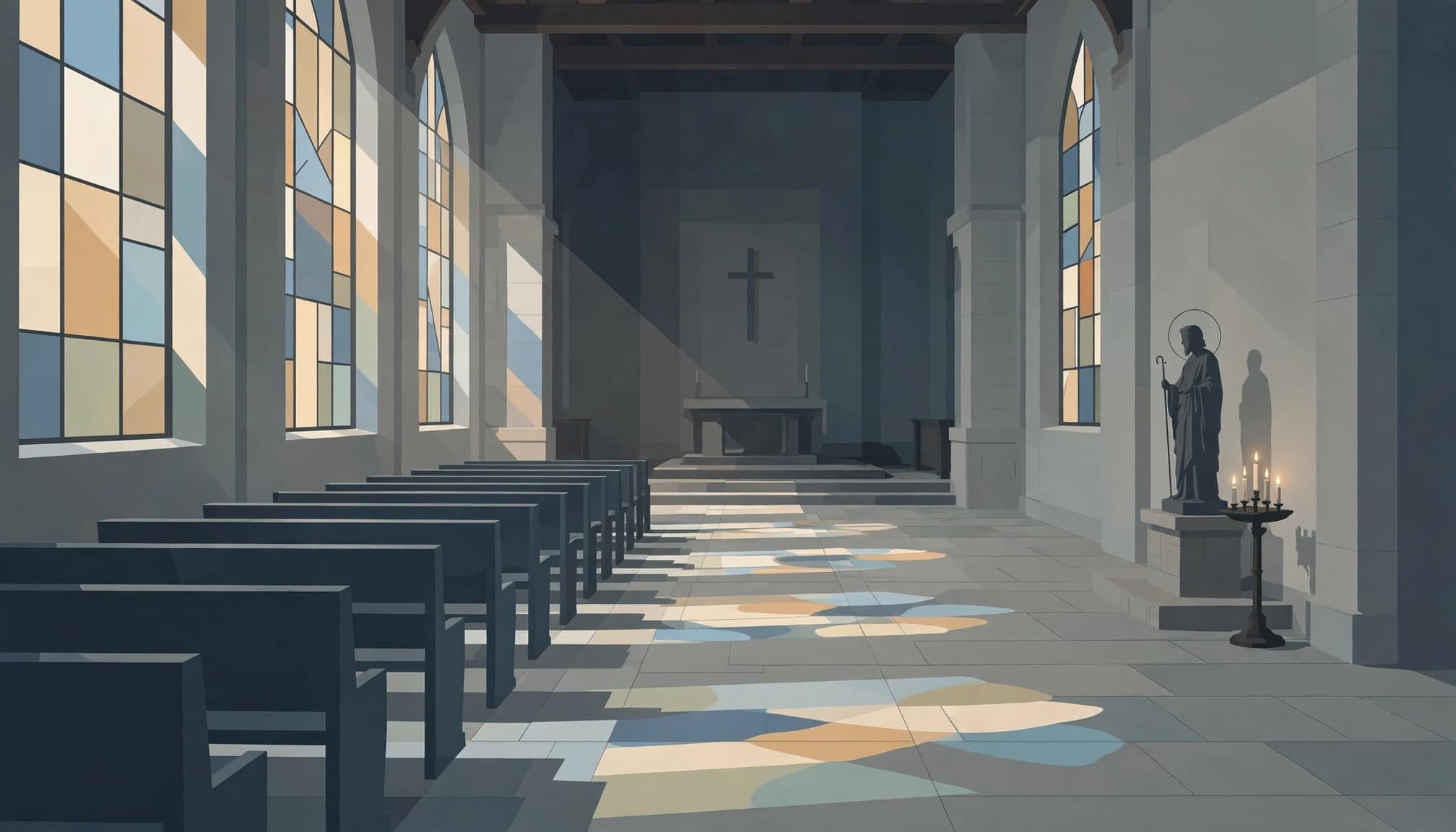 A quiet chapel with an apostle statue, candle stand, and stained-glass light across the floor.