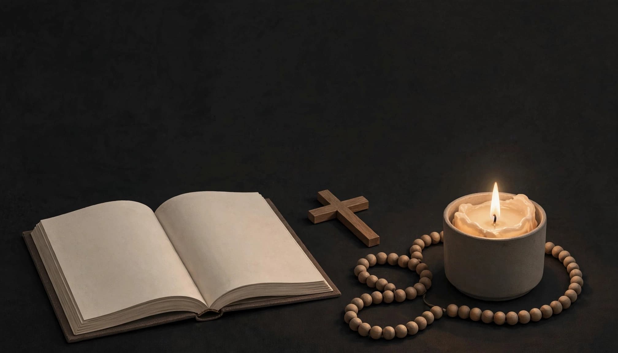 A cross, prayer beads, candle, and open book sit in a dark prayer corner.