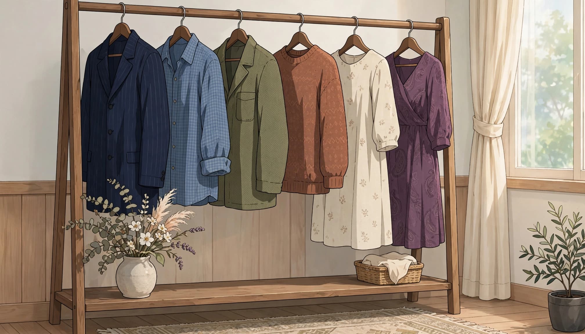 Muted blue, olive, rust, cream, and plum outfits hang beside a vase of flowers.