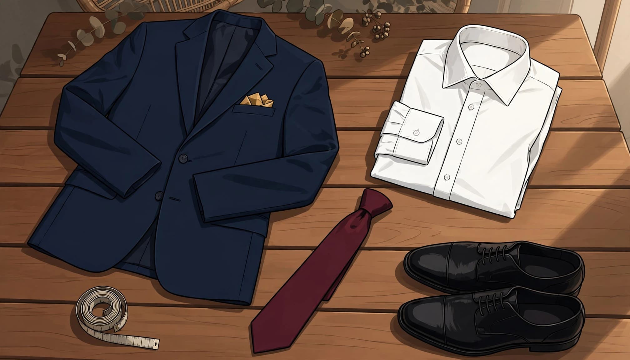 A navy suit, white shirt, burgundy tie, gold pocket square, shoes, and measuring tape on a wooden bench.