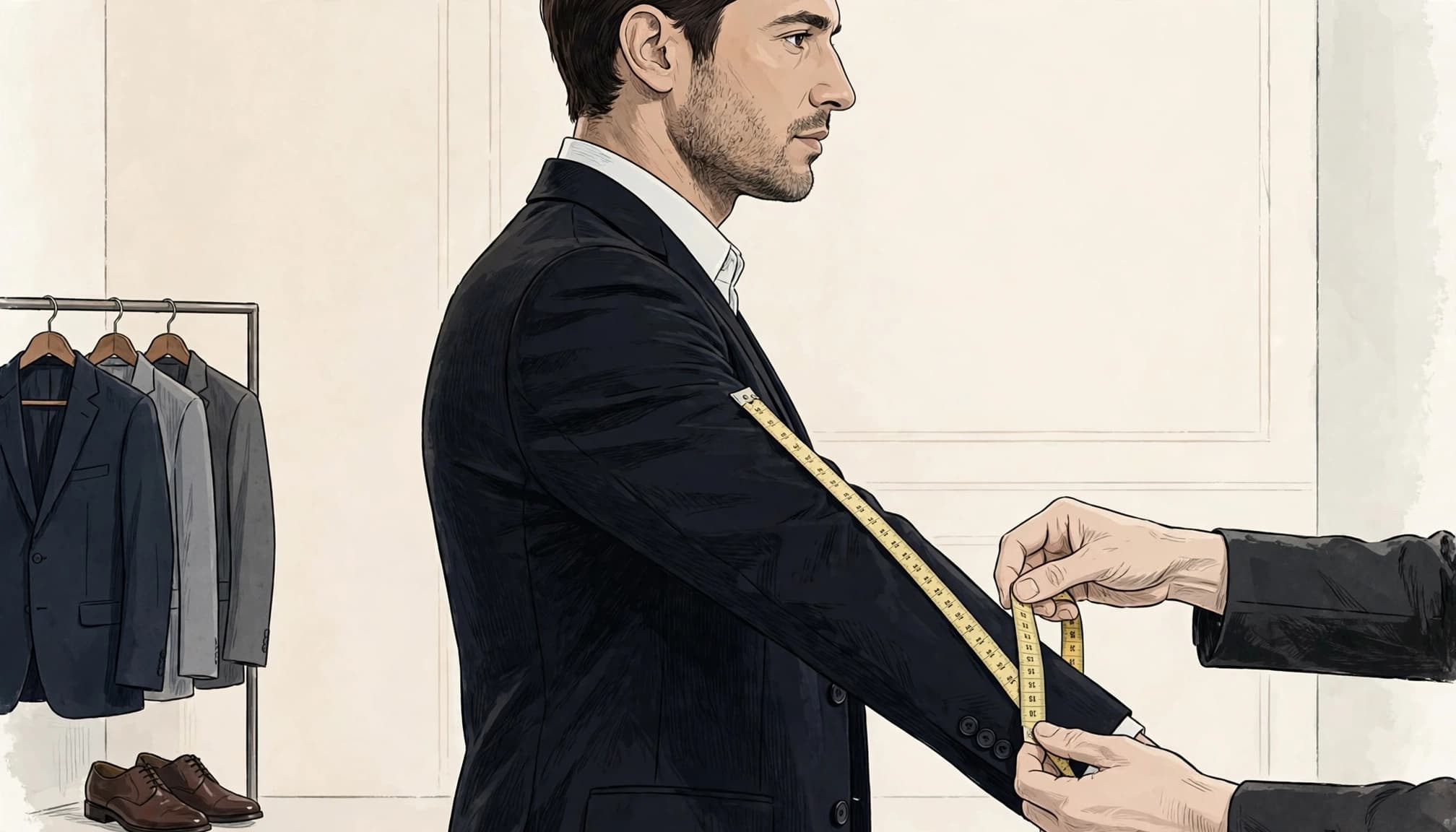 A tailor measures a man's suit beside a garment rack and dress shoes.