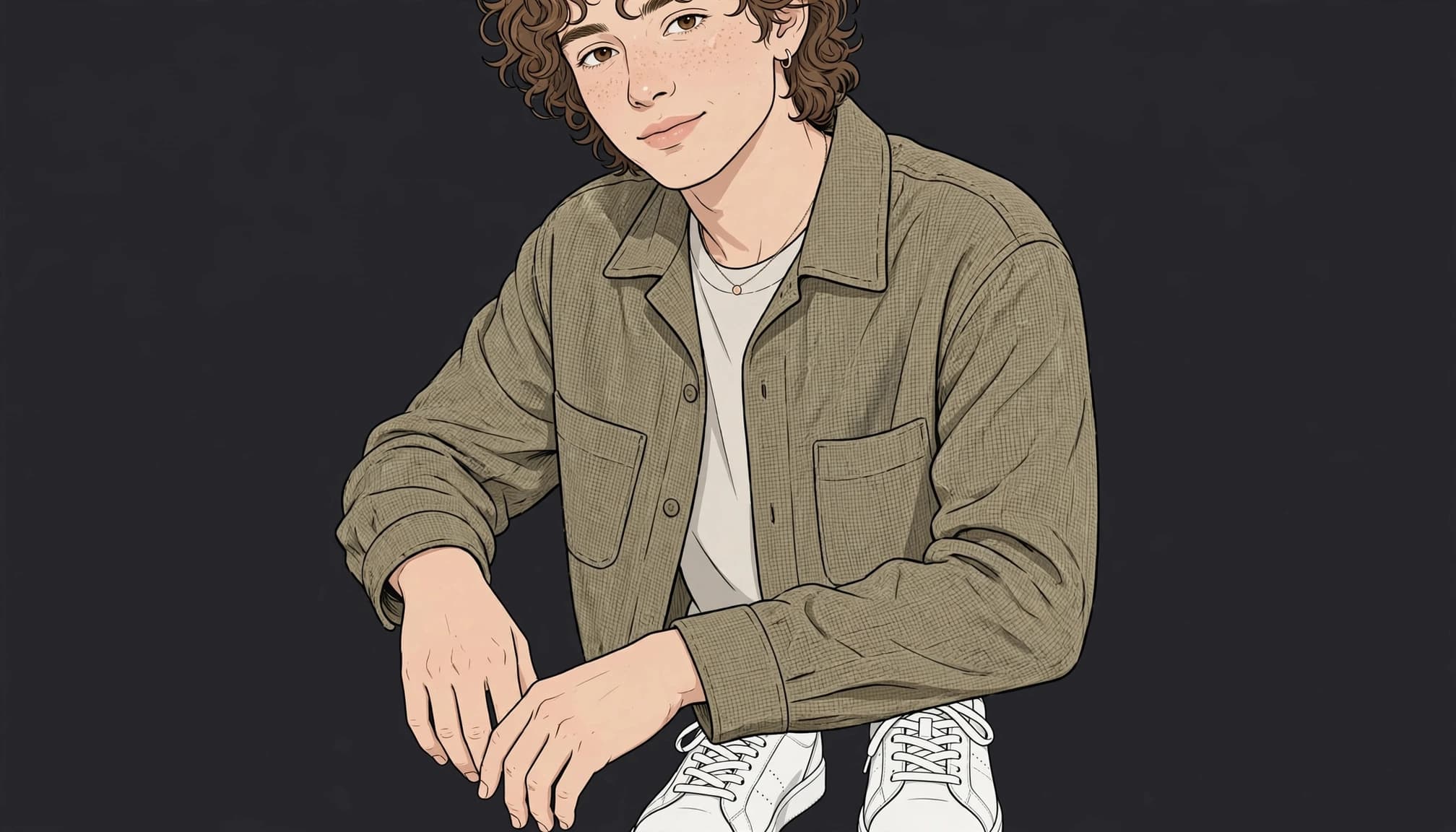 A relaxed young person wears a textured overshirt and clean sneakers against a dark backdrop.