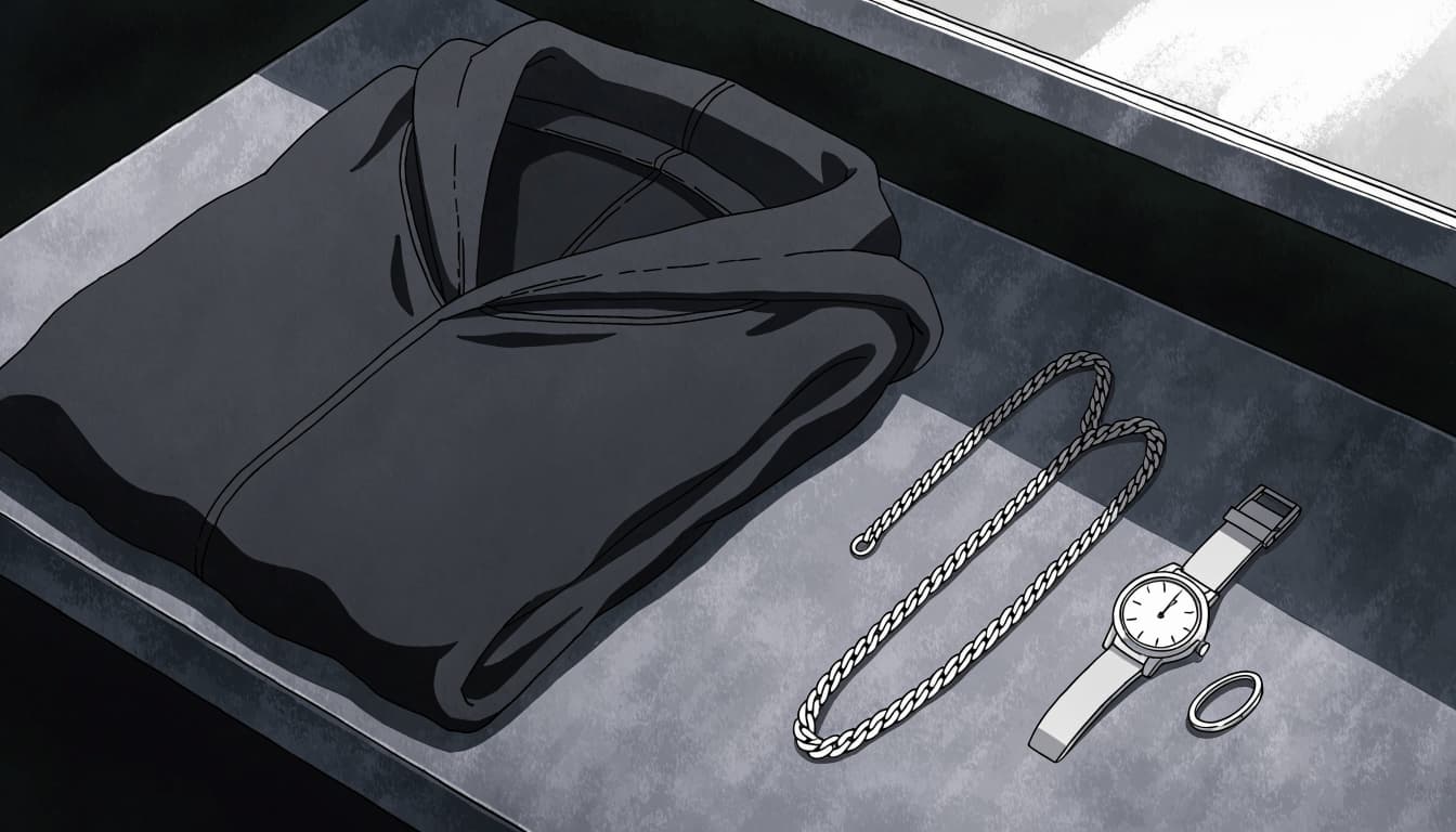 A chain, watch, and ring beside a folded dark hoodie on a charcoal surface.