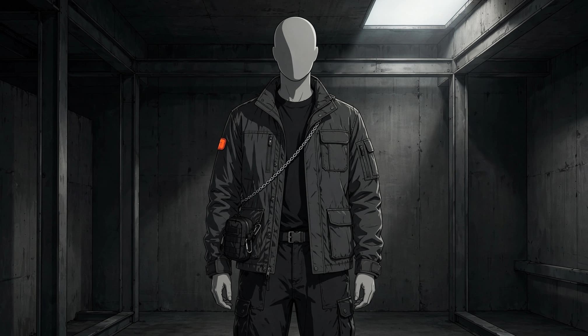Faceless mannequin in dark streetwear with a silver chain and small orange accent.