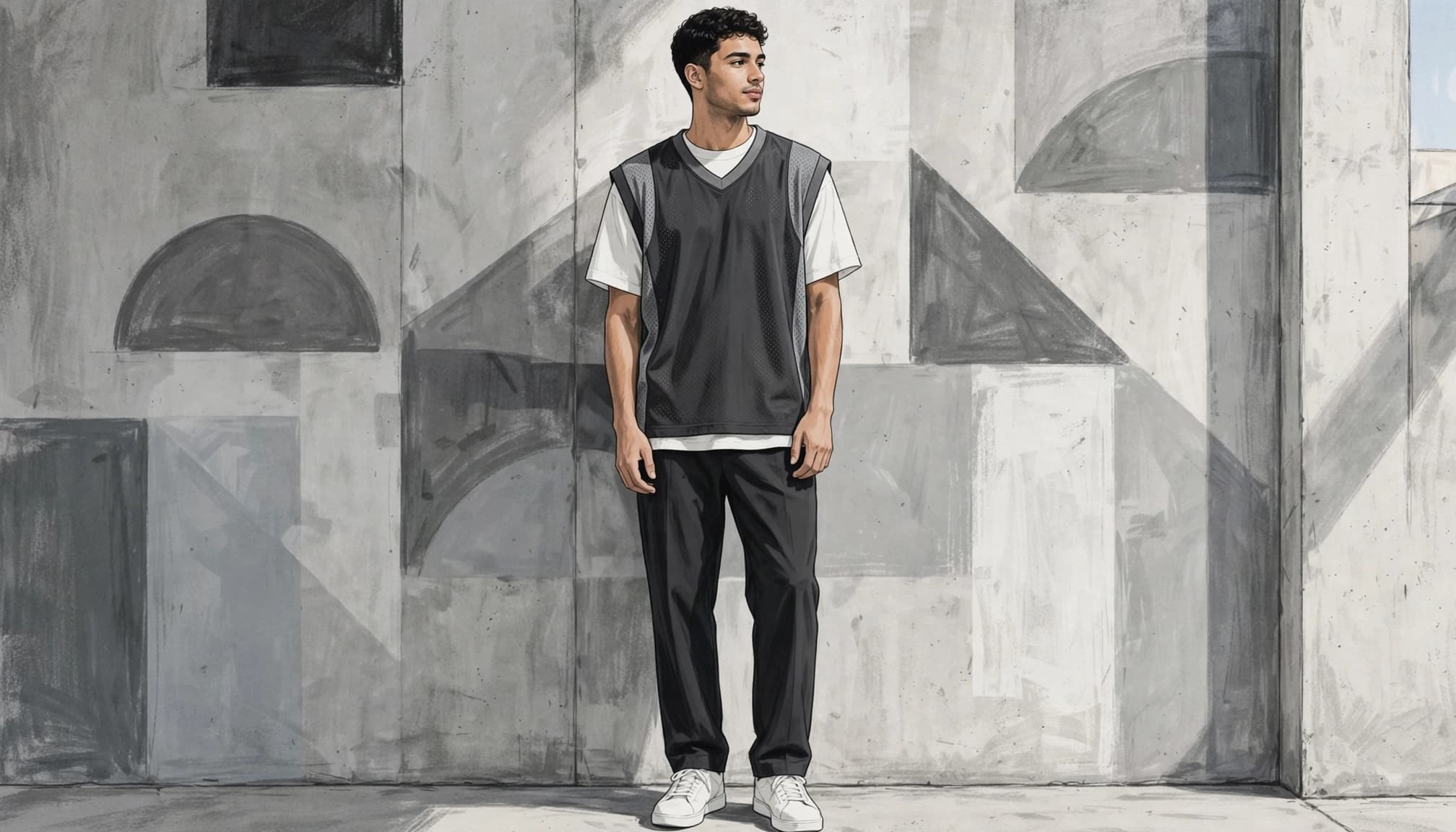 A person wears a charcoal jersey, white tee, dark trousers, and white sneakers.
