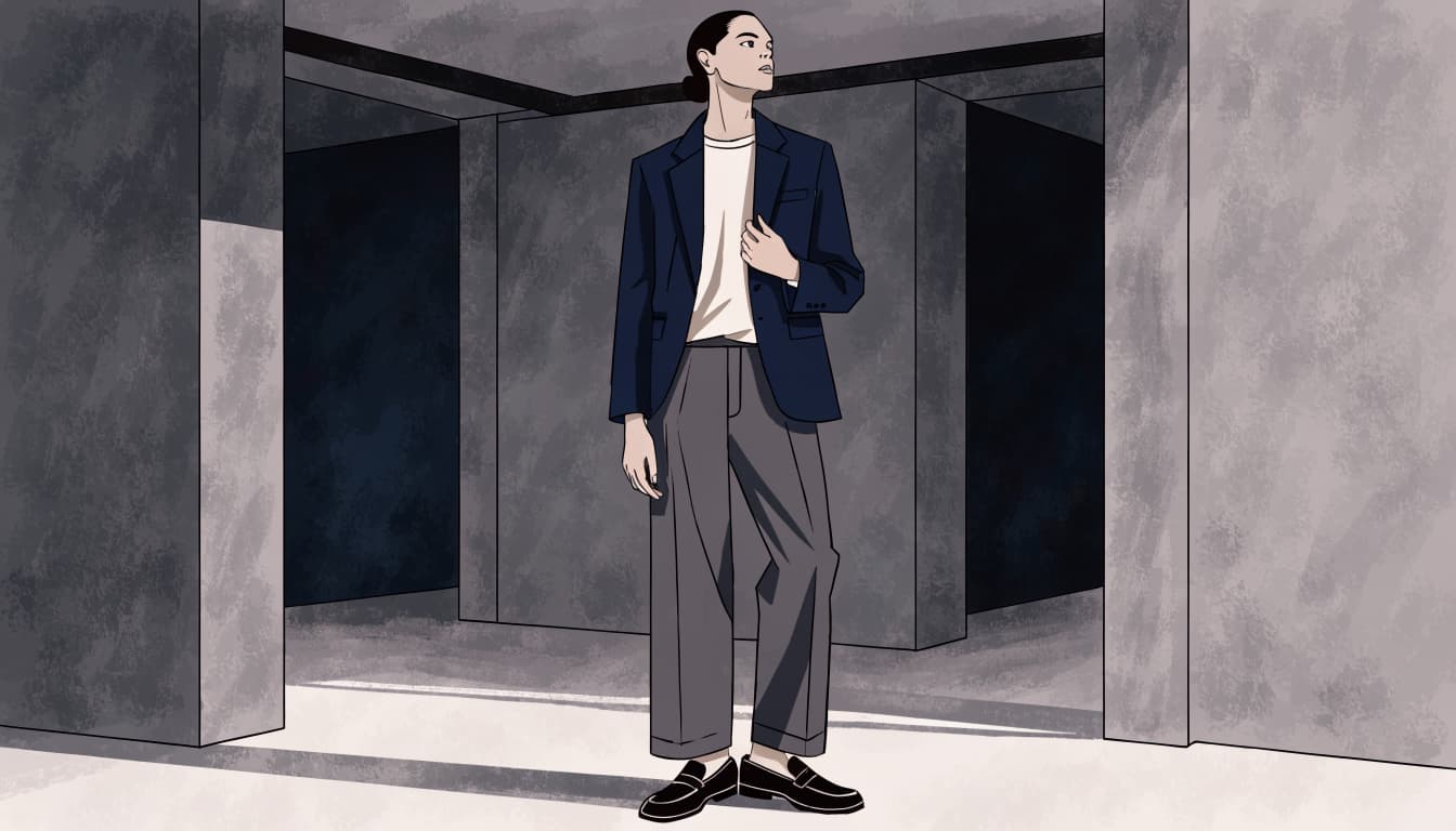 A person in charcoal trousers, an ivory knit top, and a navy blazer stands in an office lobby.