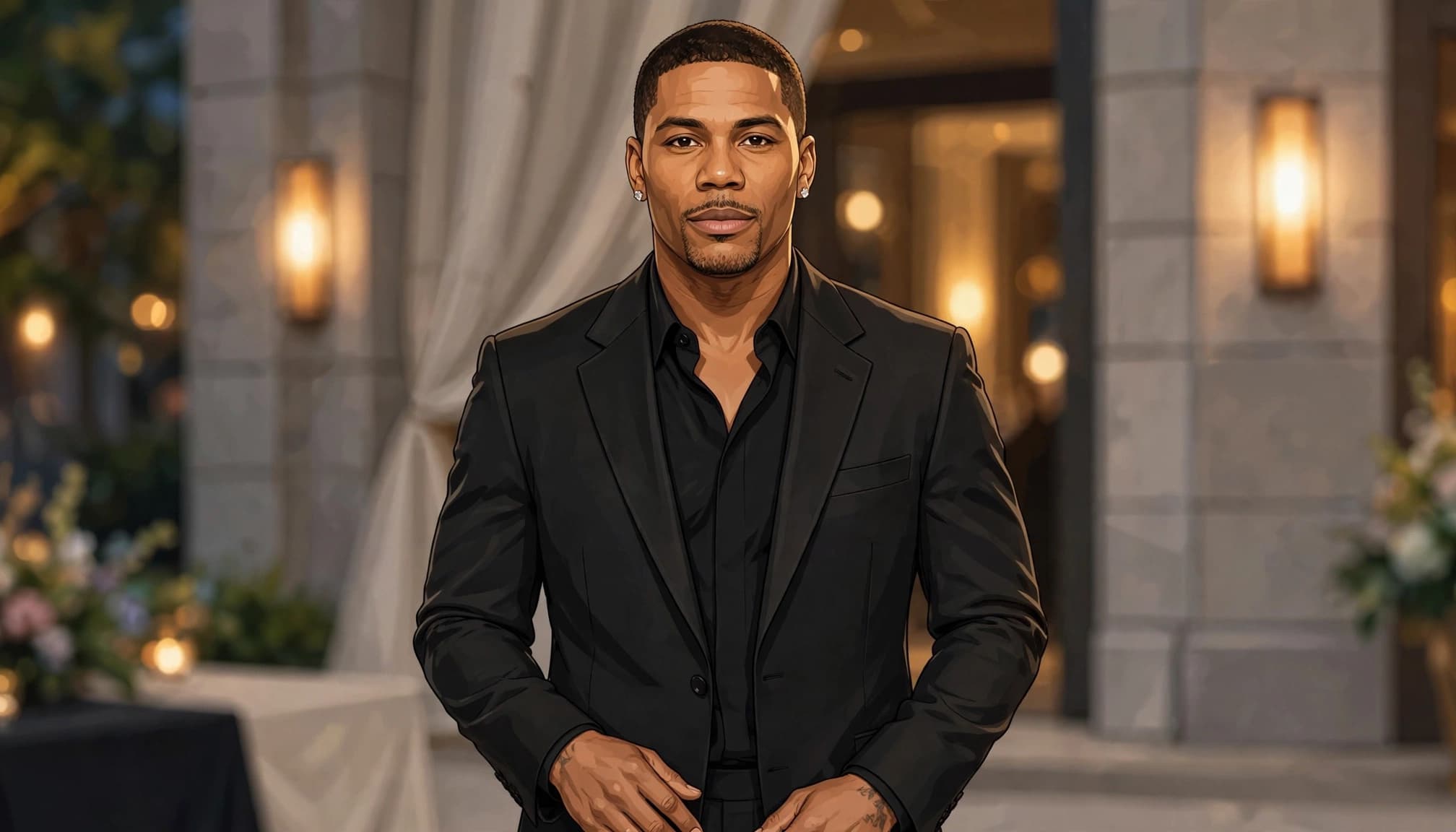 A male artist in a dark suit poses at a softly lit gala entrance.