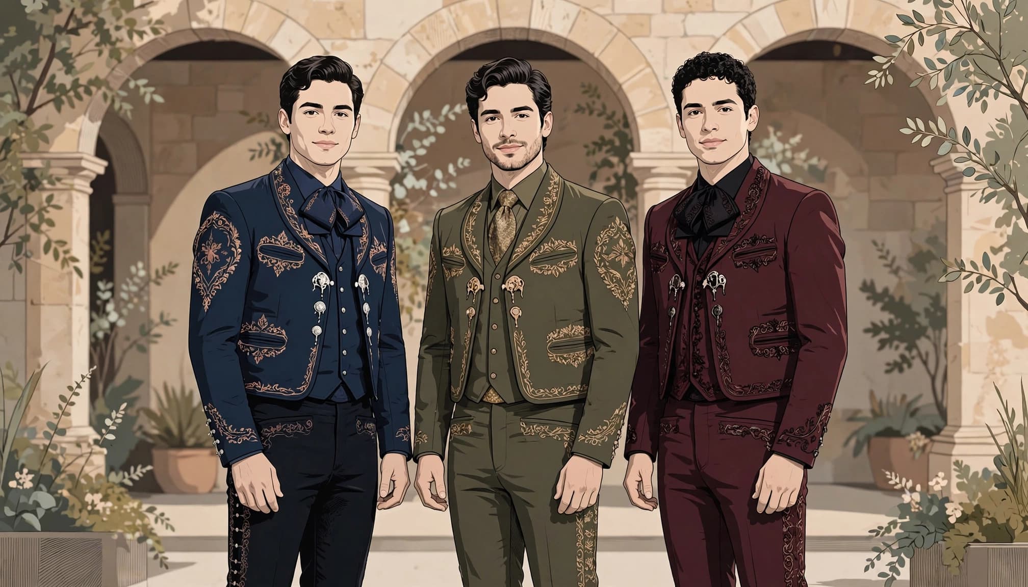 Three chambelanes in embroidered formal outfits stand beneath stone arches.