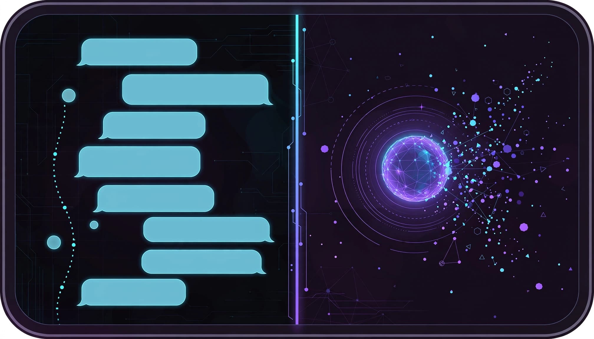 A phone contrasts chat bubbles with a glowing orb and data particles.