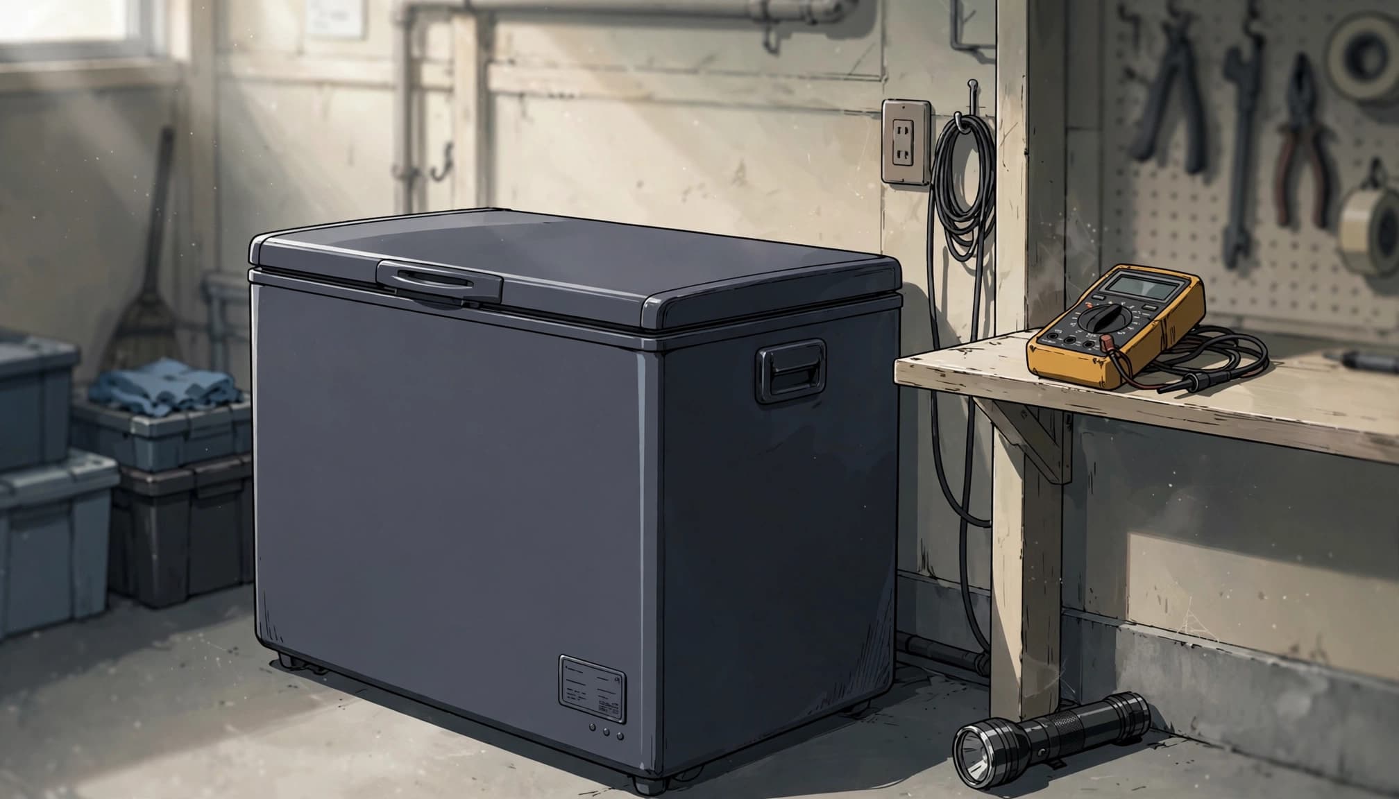 A chest freezer with a rating plate stands beside a shelf holding a flashlight and multimeter.
