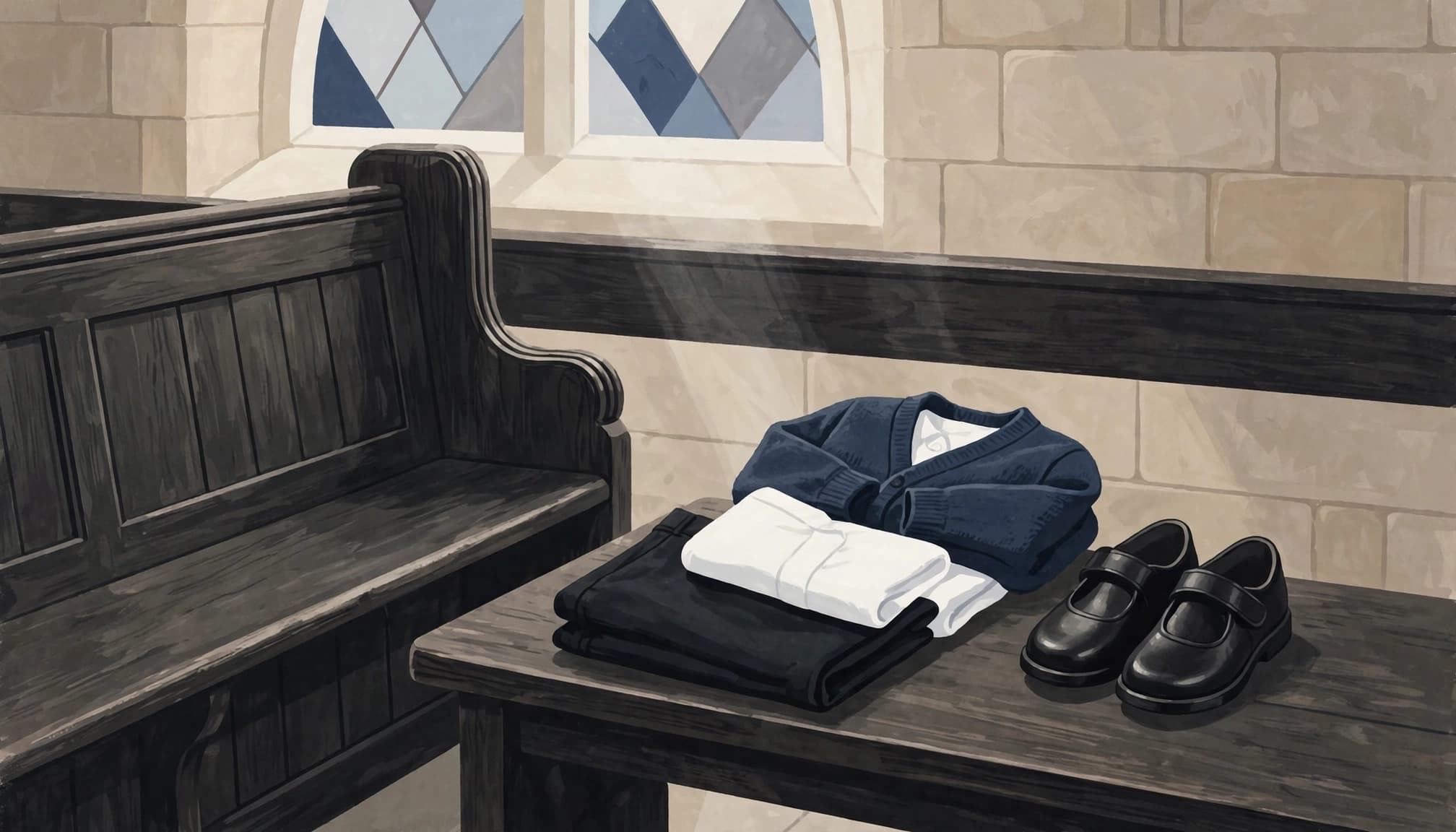 A child's dark trousers, white shirt, cardigan, and shoes arranged beside a church pew.