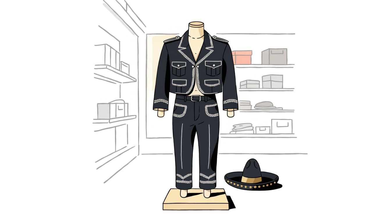 A child-sized charcoal charro suit with silver trim displayed beside a small sombrero.