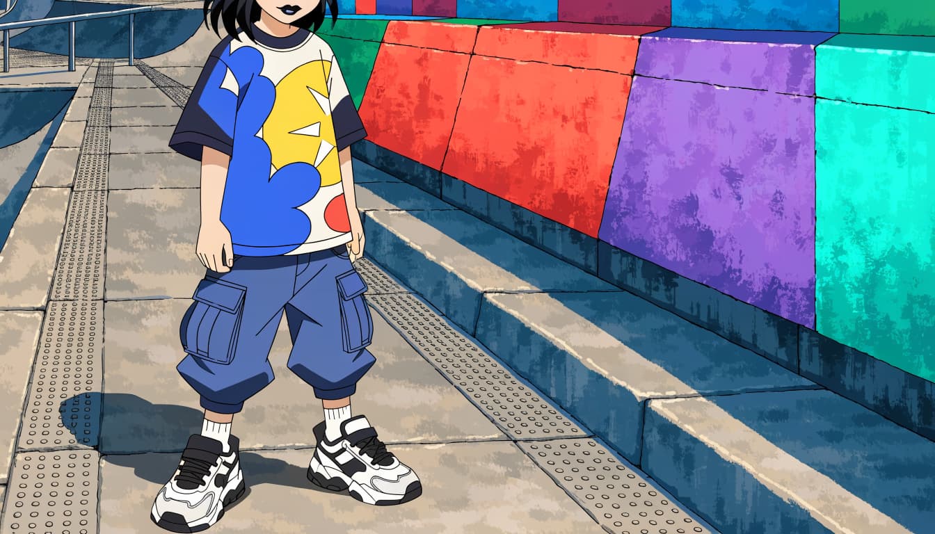 A child in a graphic tee and cargo pants stands at a colorful skate park.