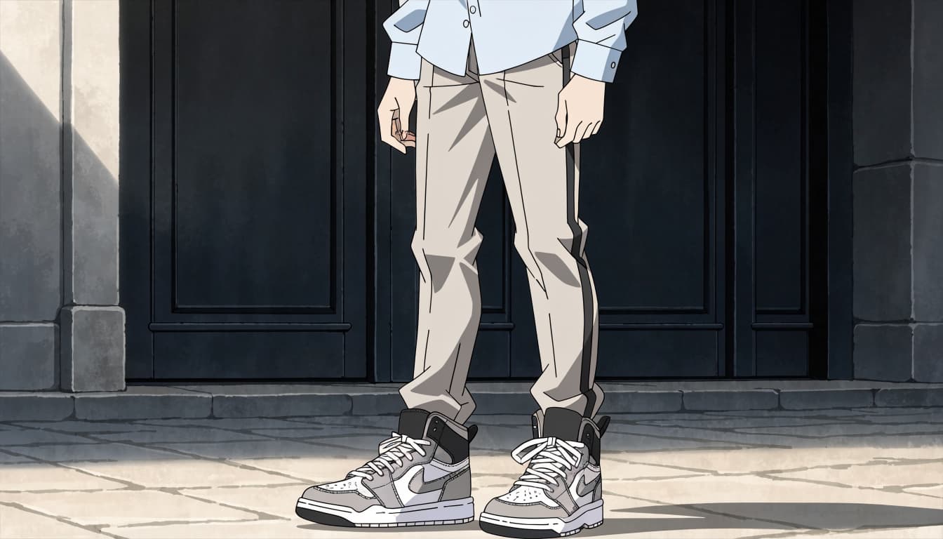 Stone chinos and a pale blue shirt paired with grey, white, and black high-top sneakers.