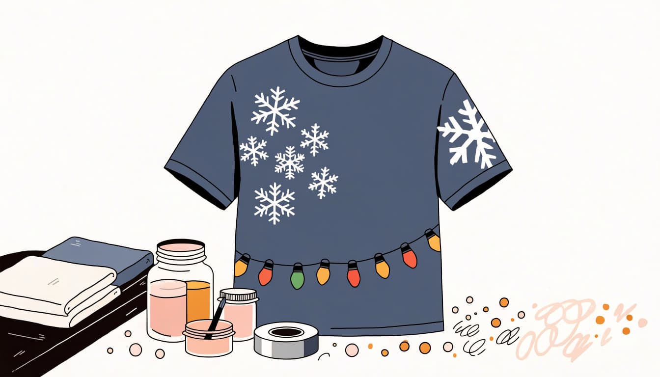 A Christmas T-shirt decorated with snowflakes and festive lights sits beside paint jars.