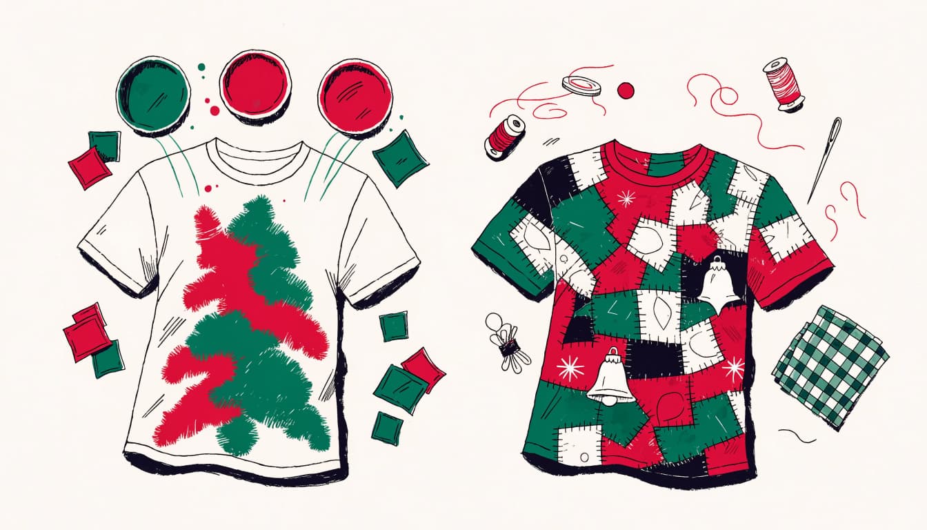 Two Christmas shirts show tie-dye and patchwork tree designs among sewing supplies.