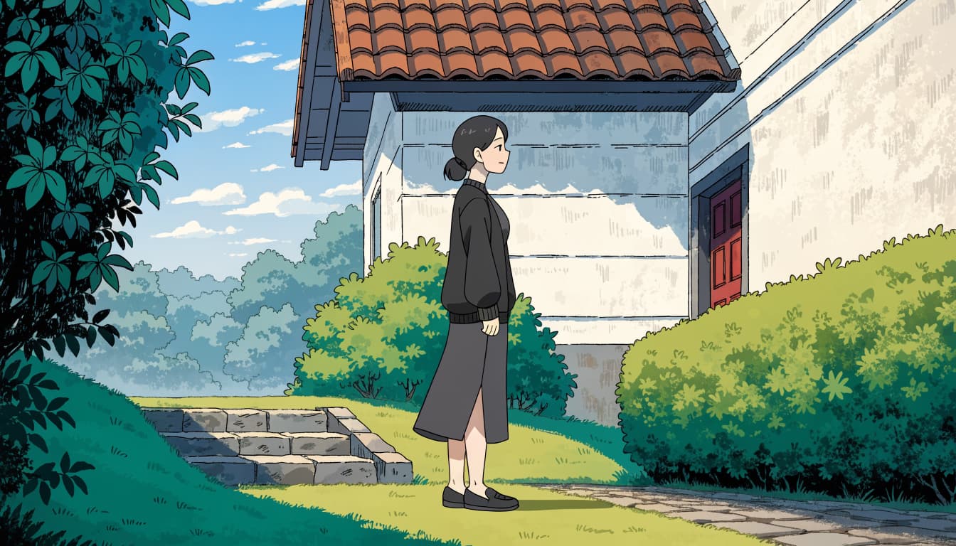 A woman in a dress, cardigan, and loafers stands outside a church.