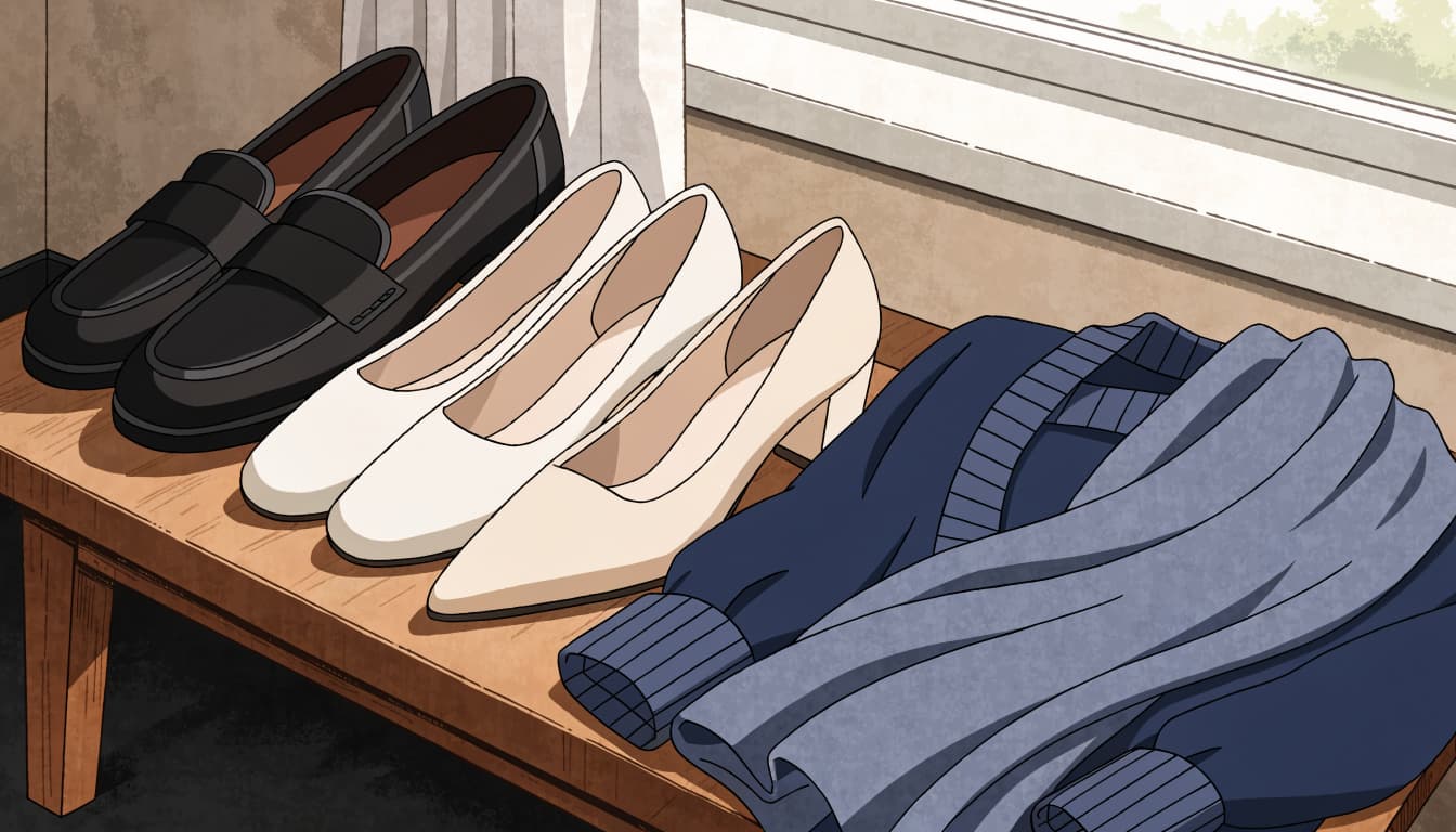 Shoes, a folded cardigan, and a shawl arranged on a bench by a sunny window.