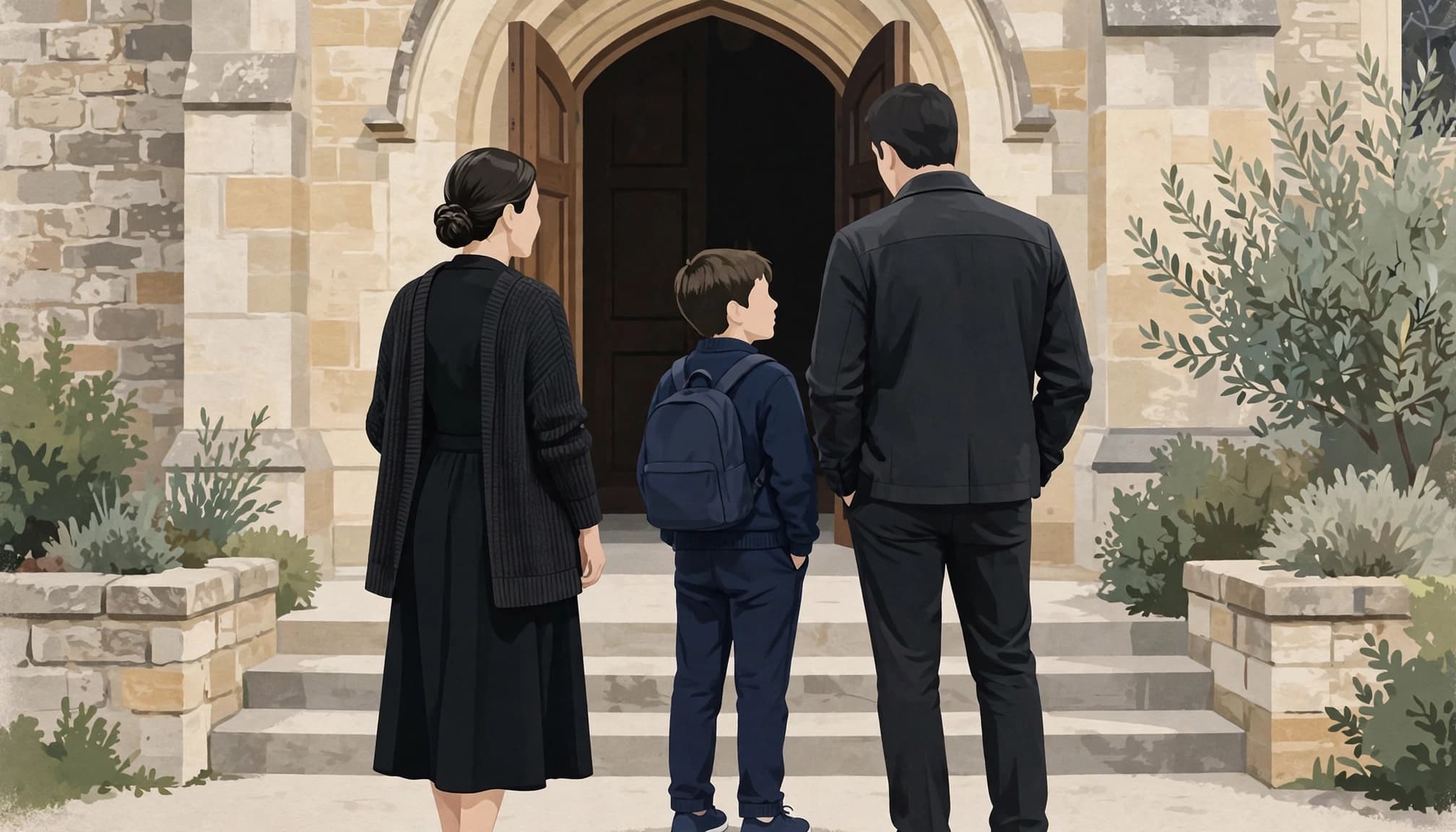 A woman, man, and child in modest dark clothing stand outside a church.
