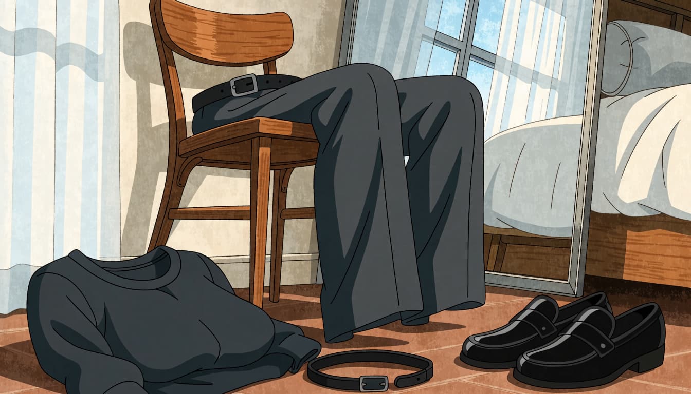 Charcoal trousers, a knit blouse, belt, and loafers arranged by a full-length mirror.