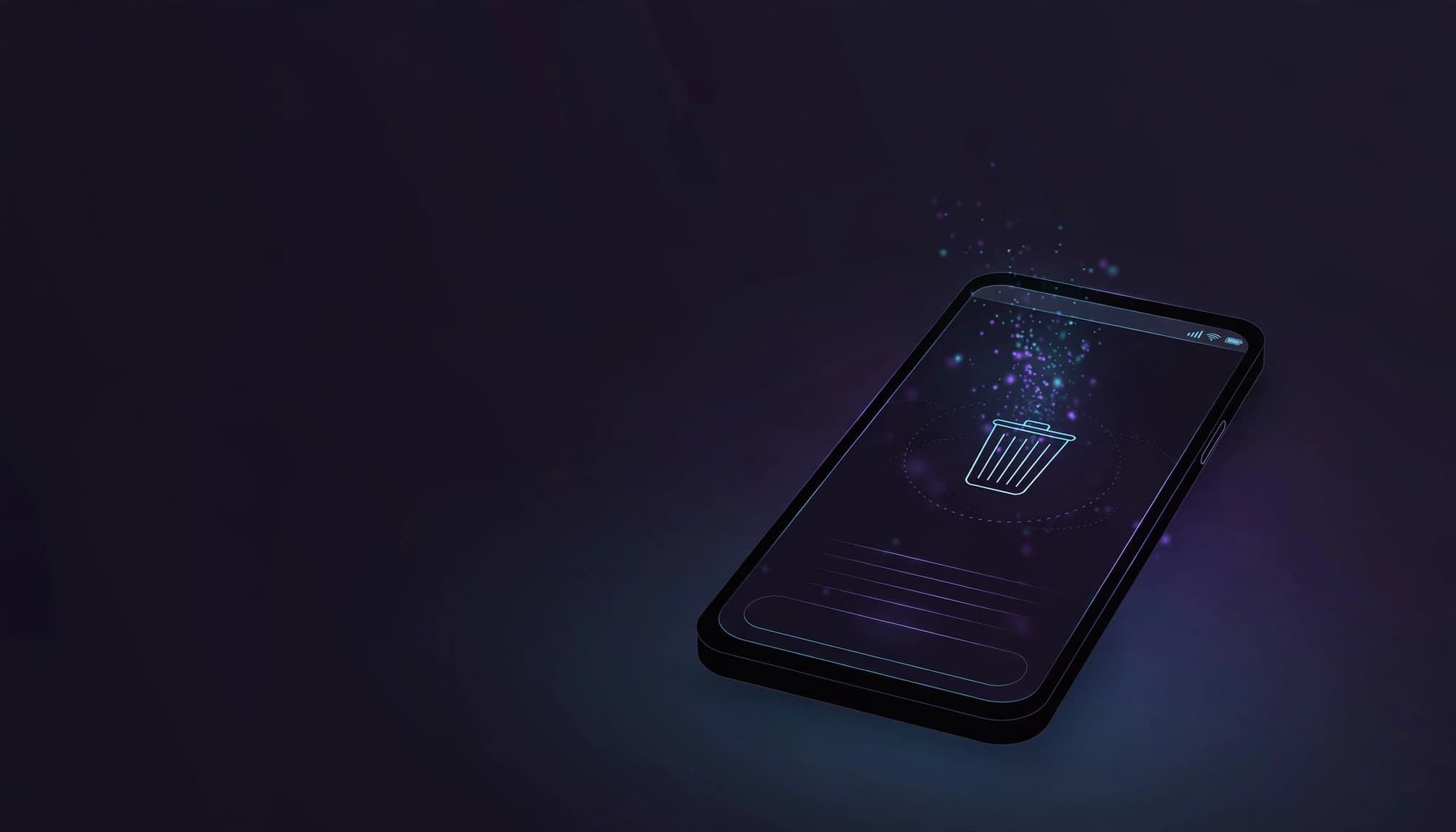 A smartphone shows a chat interface with fading conversation elements on a dark desk.