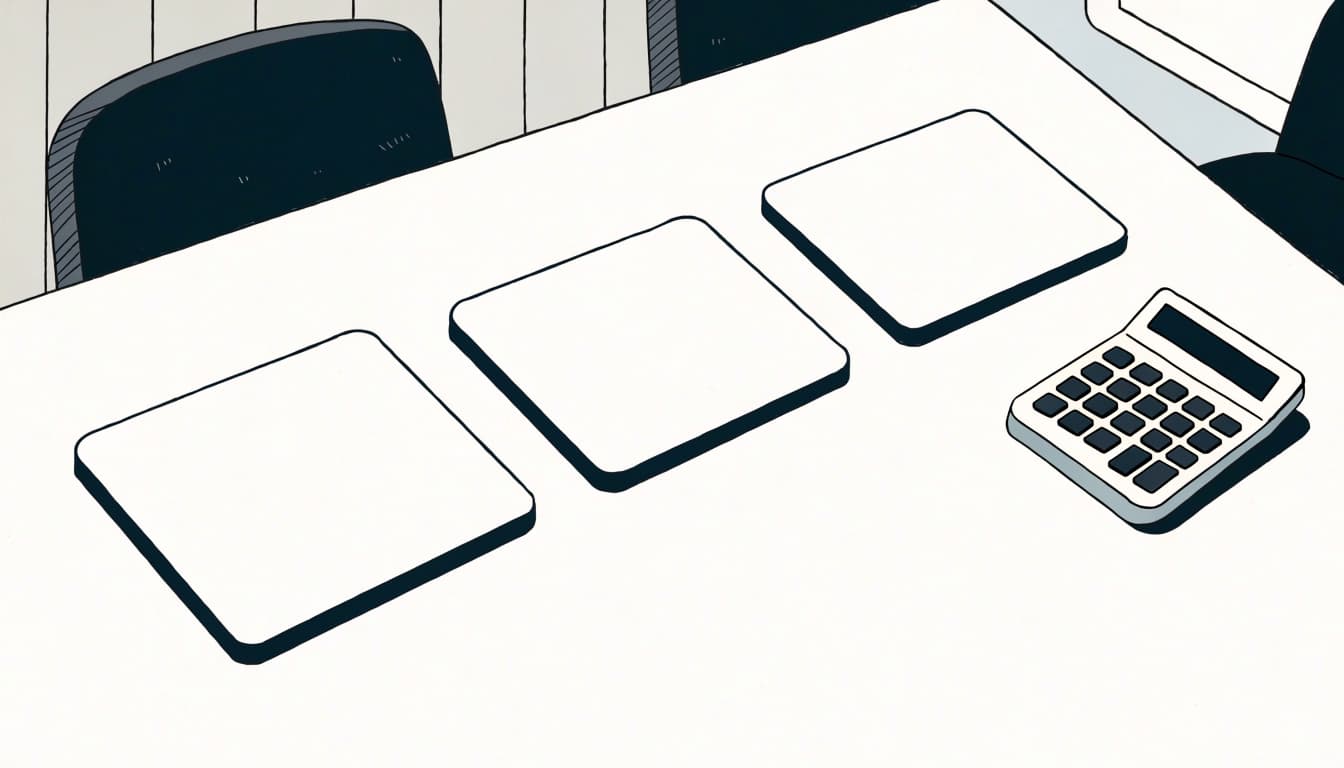 Three blank cards and a calculator arranged on a tabletop.