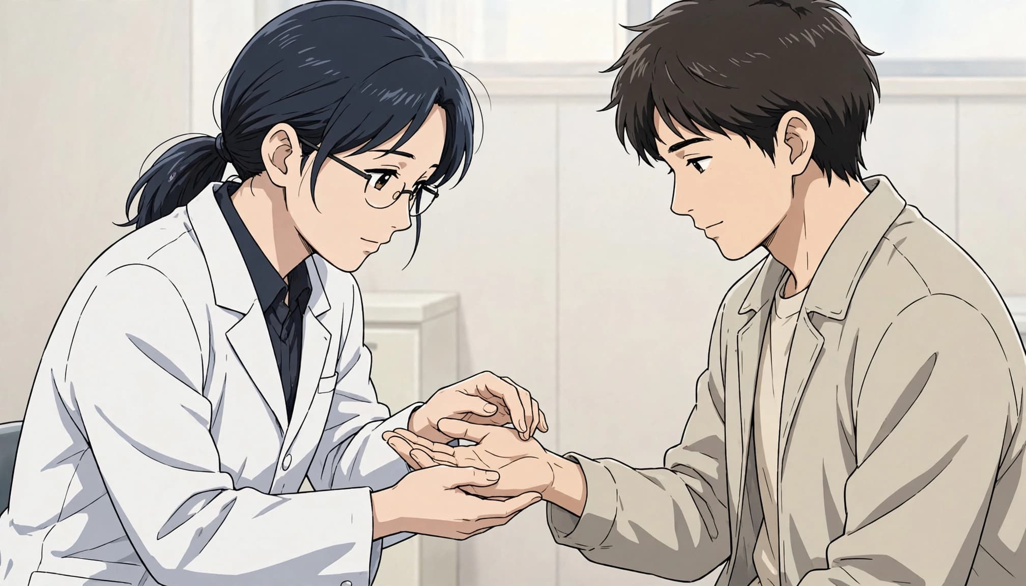 A clinician calmly examines a patient's open palm.