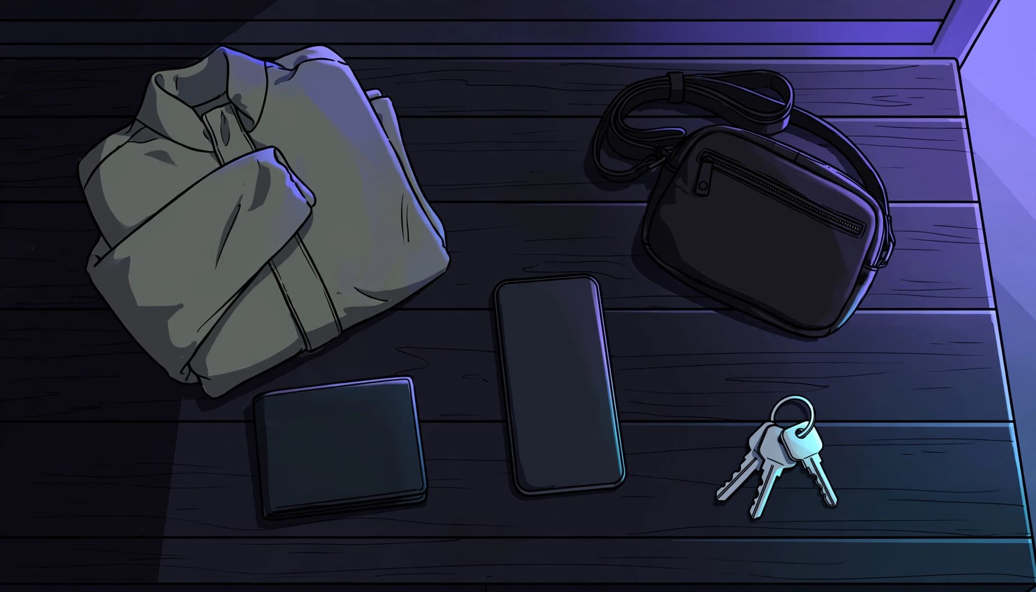 A small bag, phone, wallet, keys, and jacket arranged on a dark bench.